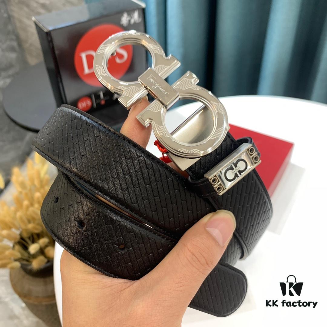 Top-Tier Salvatore Ferragamo Belt, Hong Kong Duty-Free T Gift Box, Authenticity QR Code Verification, New 8-Shaped Genuine Hardware, Precision Craftsmanship, Original Mold Logo with Steel Stamping, Double-Sided Two-Tone Design, Imported German-Made Top-Grain Calfskin with Water Ripple Texture, 3.5cm Width, NXP Chip, Adjustable Length