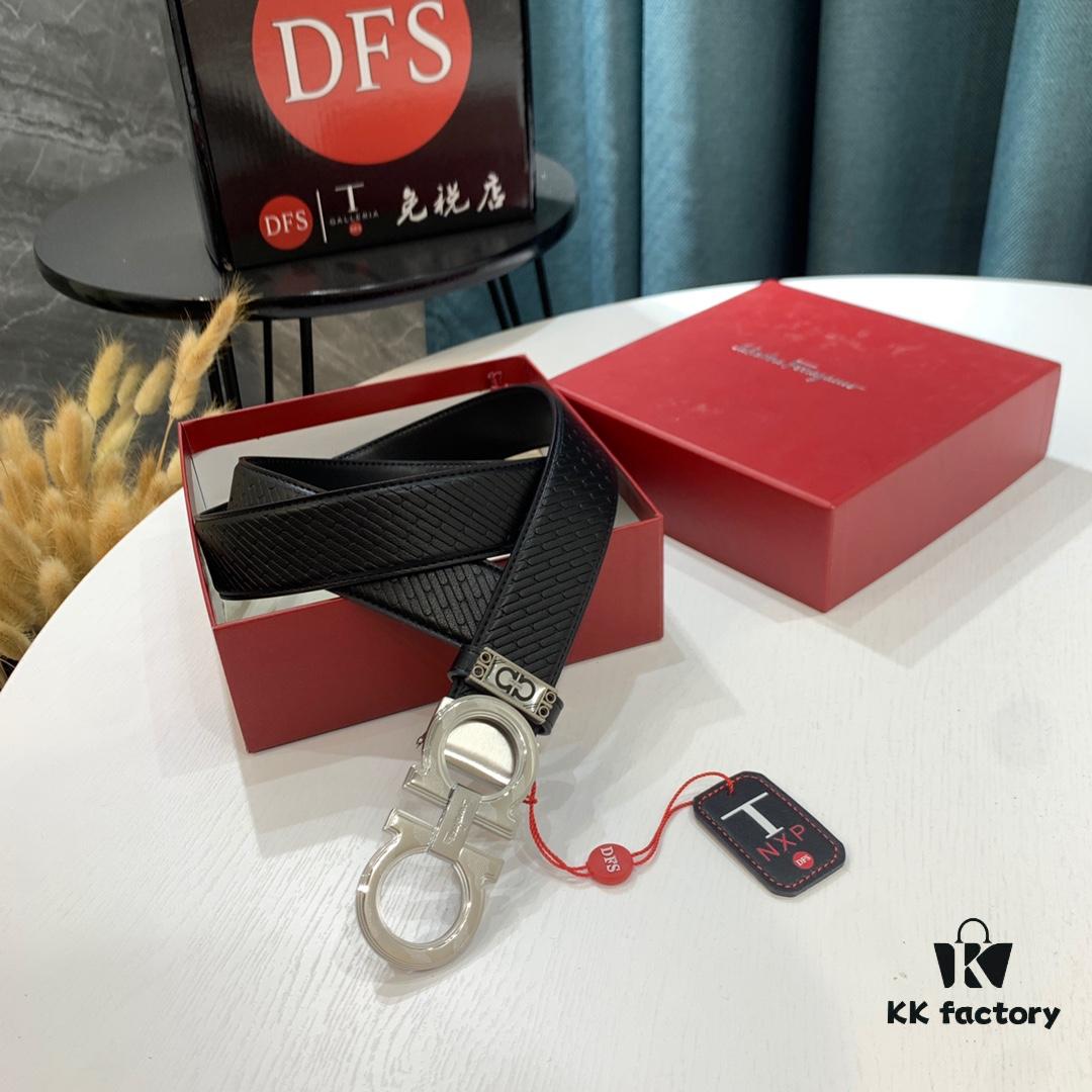 Top-Tier Salvatore Ferragamo Belt, Hong Kong Duty-Free T Gift Box, Authenticity QR Code Verification, New 8-Shaped Genuine Hardware, Precision Craftsmanship, Original Mold Logo with Steel Stamping, Double-Sided Two-Tone Design, Imported German-Made Top-Grain Calfskin with Water Ripple Texture, 3.5cm Width, NXP Chip, Adjustable Length