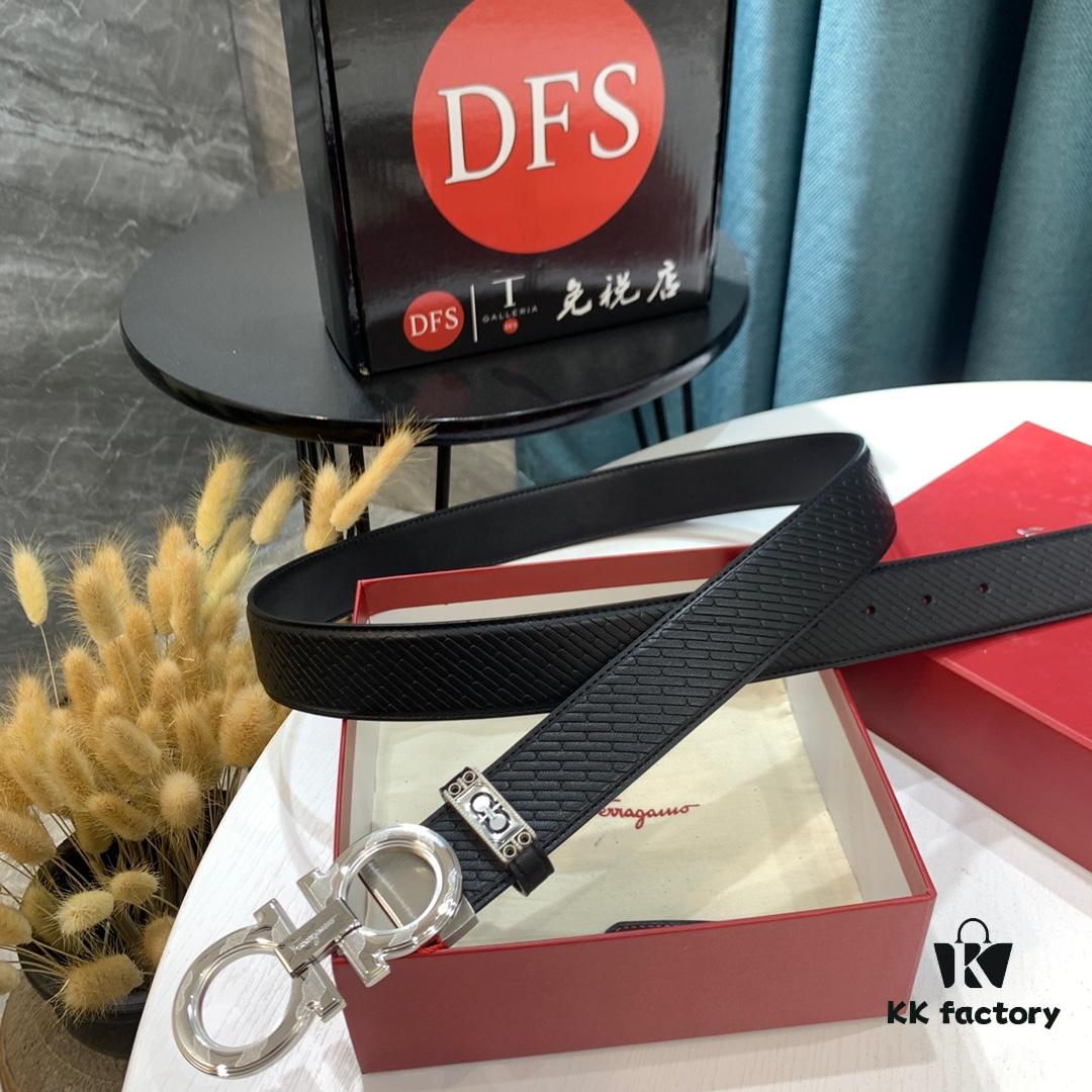 Top-Tier Salvatore Ferragamo Belt, Hong Kong Duty-Free T Gift Box, Authenticity QR Code Verification, New 8-Shaped Genuine Hardware, Precision Craftsmanship, Original Mold Logo with Steel Stamping, Double-Sided Two-Tone Design, Imported German-Made Top-Grain Calfskin with Water Ripple Texture, 3.5cm Width, NXP Chip, Adjustable Length