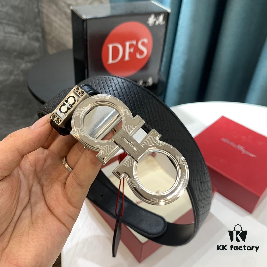 Top-Tier Salvatore Ferragamo Belt, Hong Kong Duty-Free T Gift Box, Authenticity QR Code Verification, New 8-Shaped Genuine Hardware, Precision Craftsmanship, Original Mold Logo with Steel Stamping, Double-Sided Two-Tone Design, Imported German-Made Top-Grain Calfskin with Water Ripple Texture, 3.5cm Width, NXP Chip, Adjustable Length