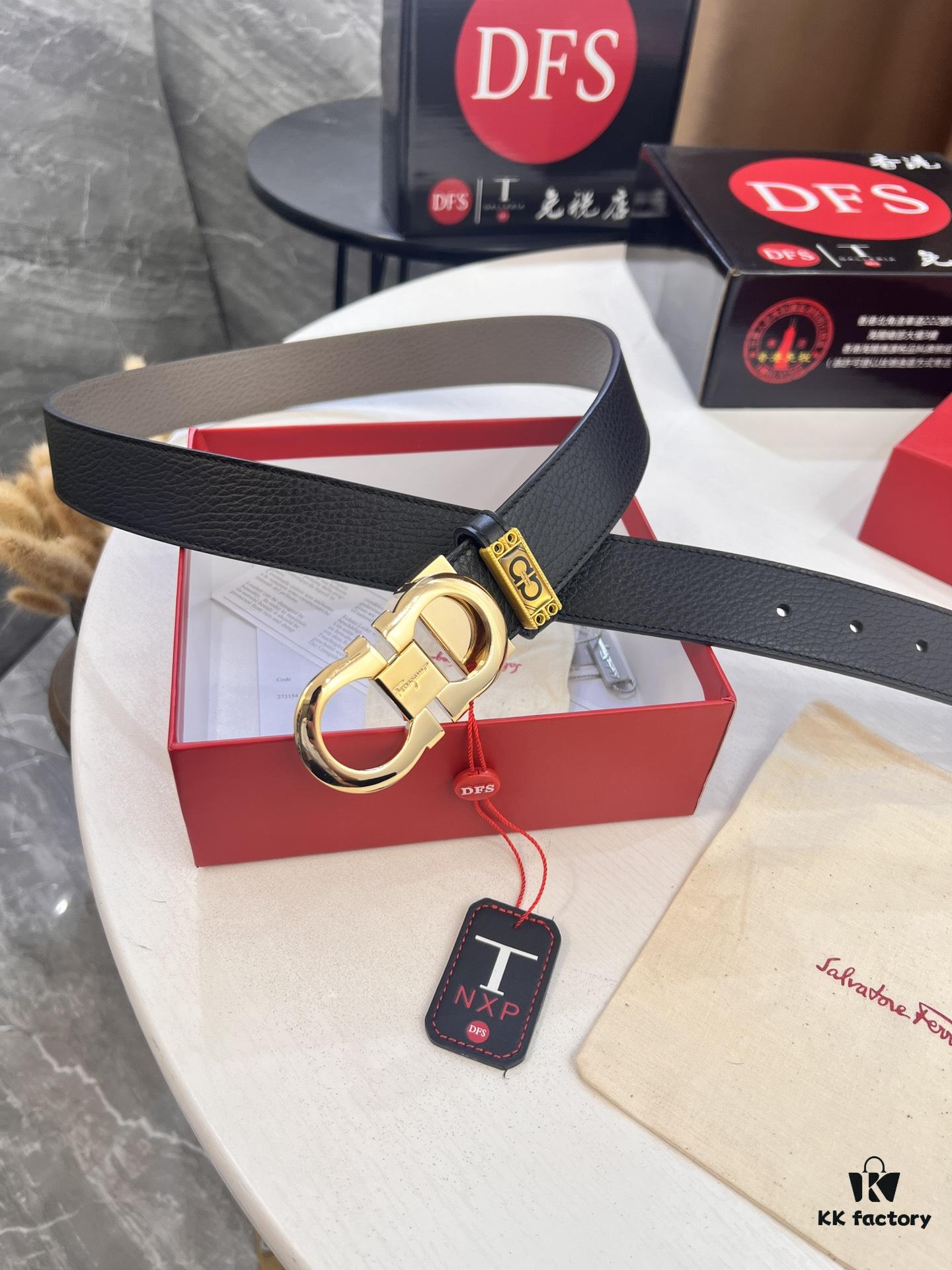 Ferragamo Men's Belt, Genuine First-Layer Calfskin with Crocodile Texture, Reversible Design, 3.5cm Width, Stainless Steel Hardware, Adjustable Length