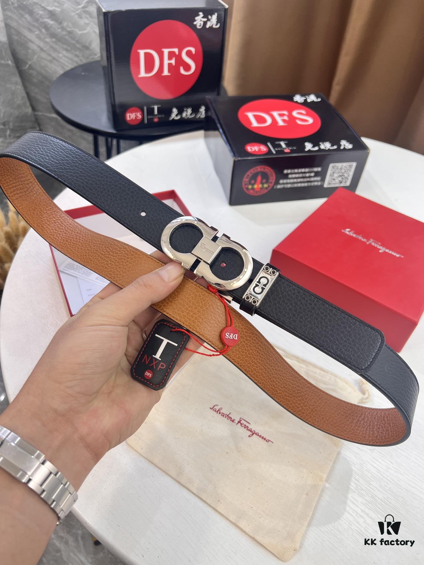 Salvatore Ferragamo Men's Belt, Genuine First-Layer Calf Leather, Dual-Sided Use, 3.5cm Width, Stainless Steel Hardware, Adjustable Length