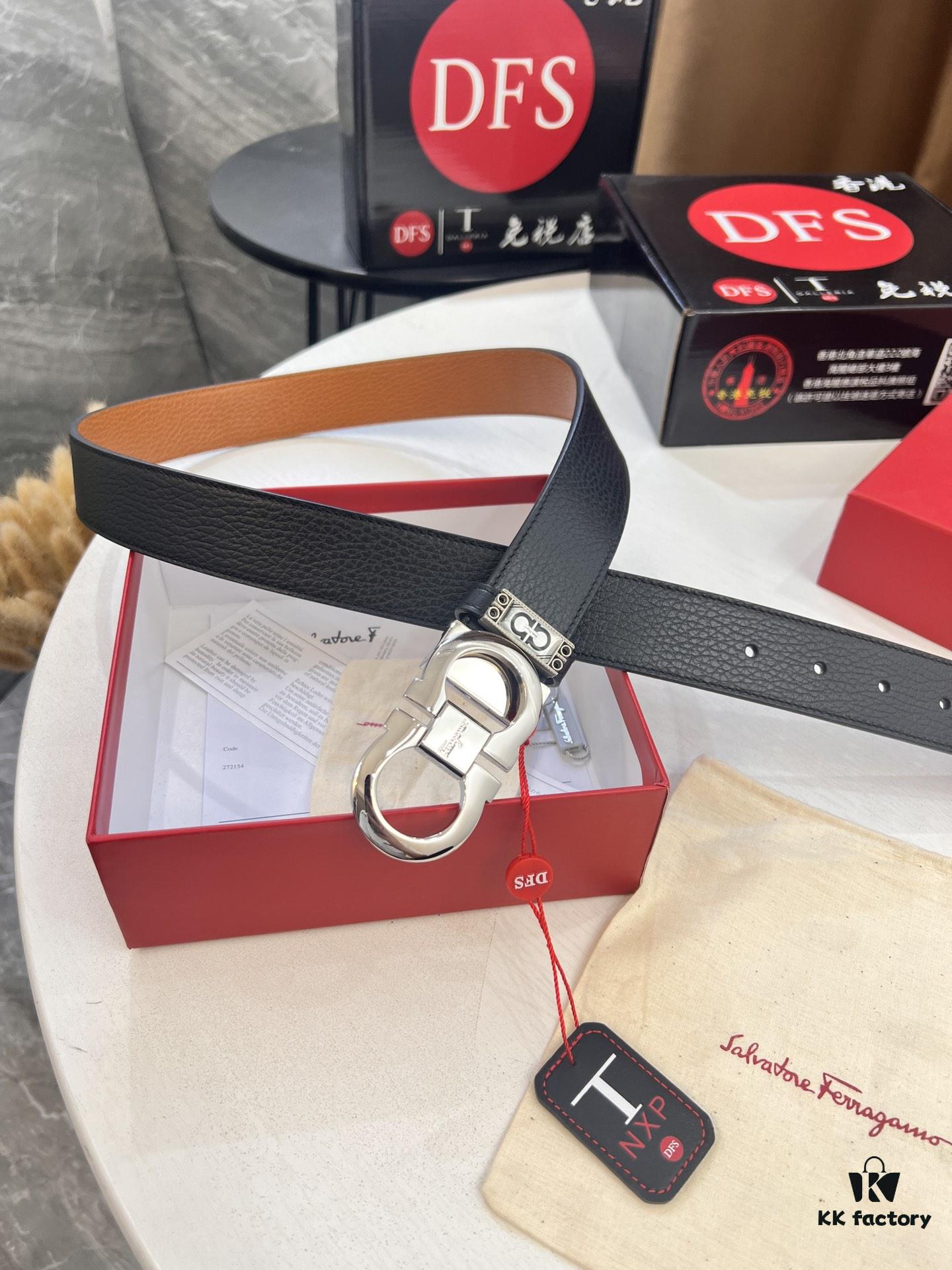 Salvatore Ferragamo Men's Belt, Genuine First-Layer Calf Leather, Dual-Sided Use, 3.5cm Width, Stainless Steel Hardware, Adjustable Length