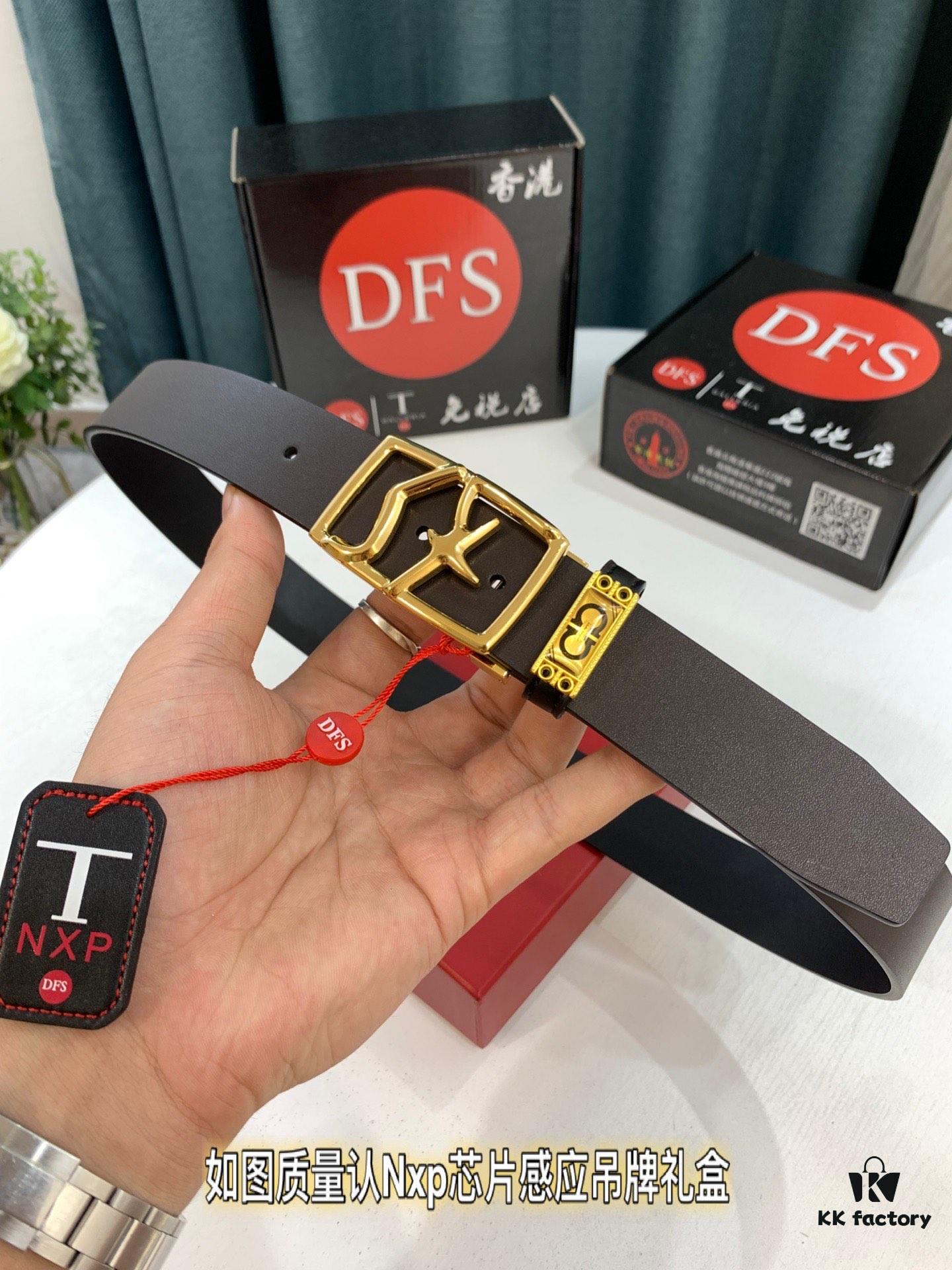 Shop Owner Recommended Trumpet Trumpet Salvatore Ferragamo Men's Belt, Genuine Leather Double-Sided Use, 3.5cm Width, Original Imported Full-Grain Calfskin with Figure-8 Stainless Steel Hardware