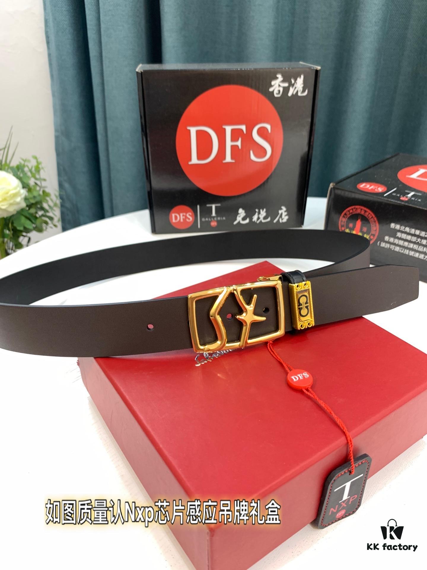 Shop Owner Recommended Trumpet Trumpet Salvatore Ferragamo Men's Belt, Genuine Leather Double-Sided Use, 3.5cm Width, Original Imported Full-Grain Calfskin with Figure-8 Stainless Steel Hardware