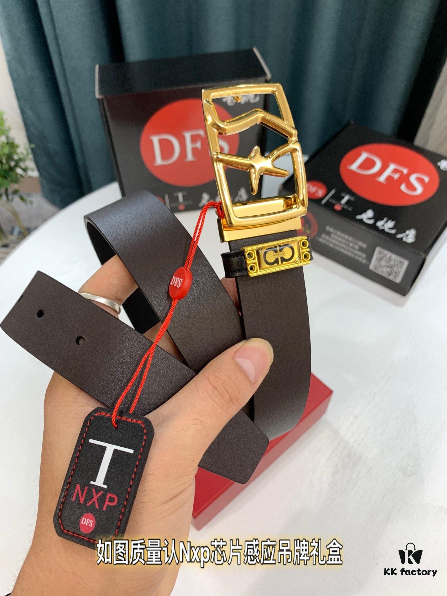 Shop Owner Recommended Trumpet Trumpet Salvatore Ferragamo Men's Belt, Genuine Leather Double-Sided Use, 3.5cm Width, Original Imported Full-Grain Calfskin with Figure-8 Stainless Steel Hardware