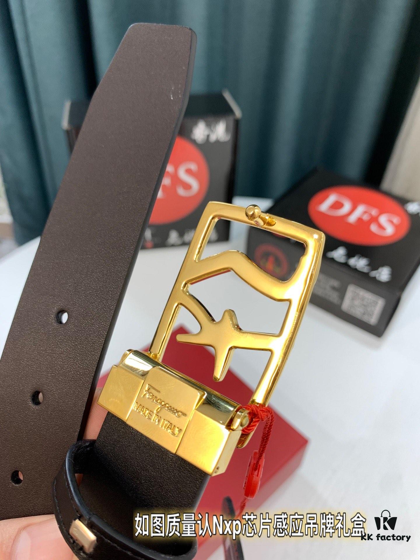 Shop Owner Recommended Trumpet Trumpet Salvatore Ferragamo Men's Belt, Genuine Leather Double-Sided Use, 3.5cm Width, Original Imported Full-Grain Calfskin with Figure-8 Stainless Steel Hardware