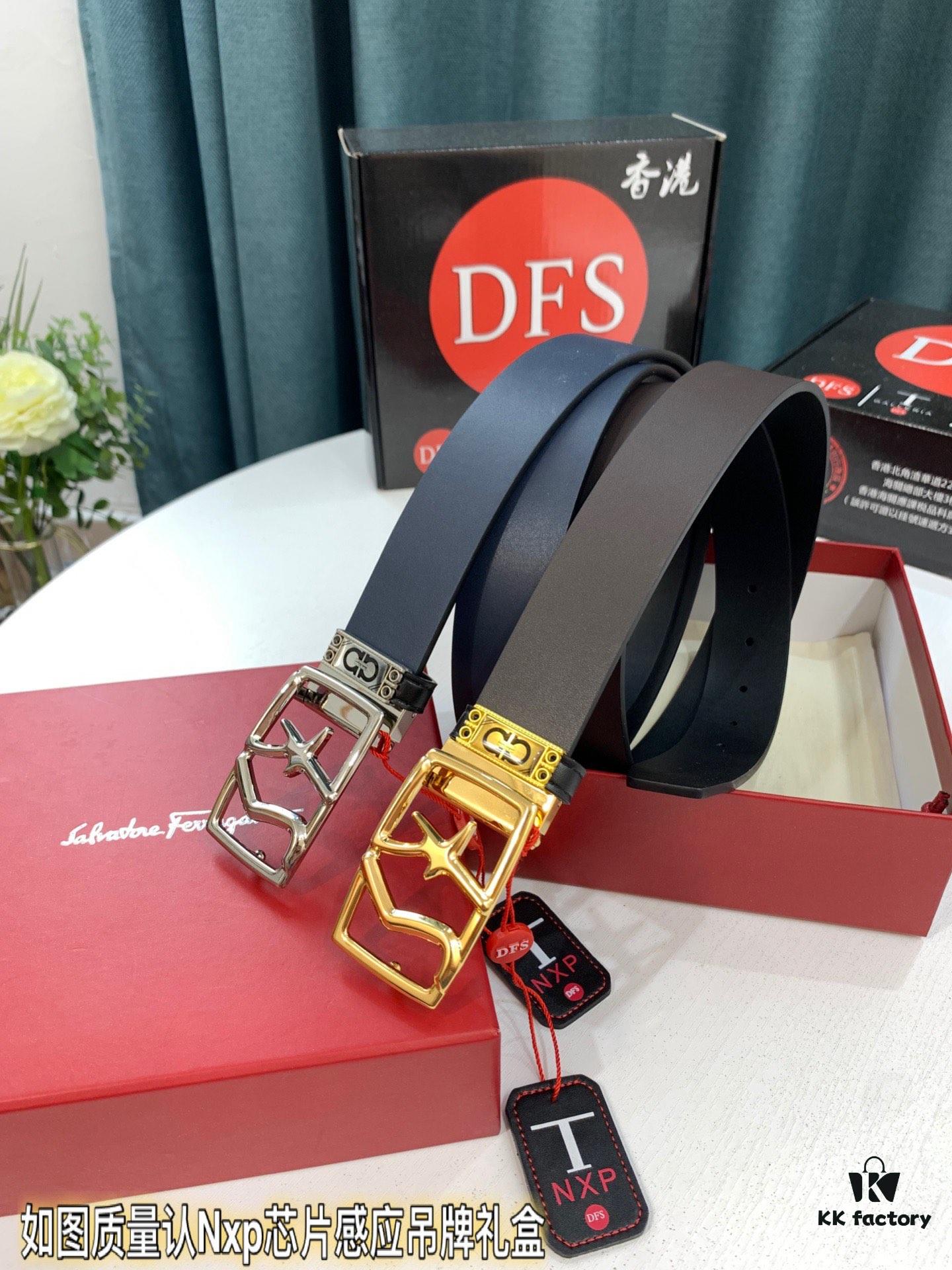 Shop Owner Recommended Trumpet Trumpet Salvatore Ferragamo Men's Belt, Genuine Leather Double-Sided Use, 3.5cm Width, Original Imported Full-Grain Calfskin with Figure-8 Stainless Steel Hardware