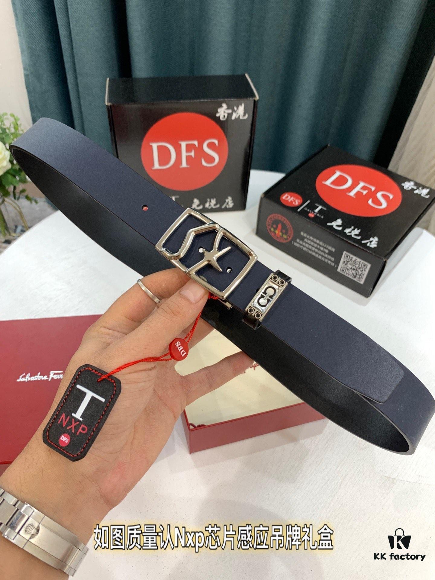 Shop Owner Recommended Trumpet Trumpet Salvatore Ferragamo Men's Belt, Genuine Leather Double-Sided Wear, 3.5cm Width, Precision Steel Hardware, Customizable Length