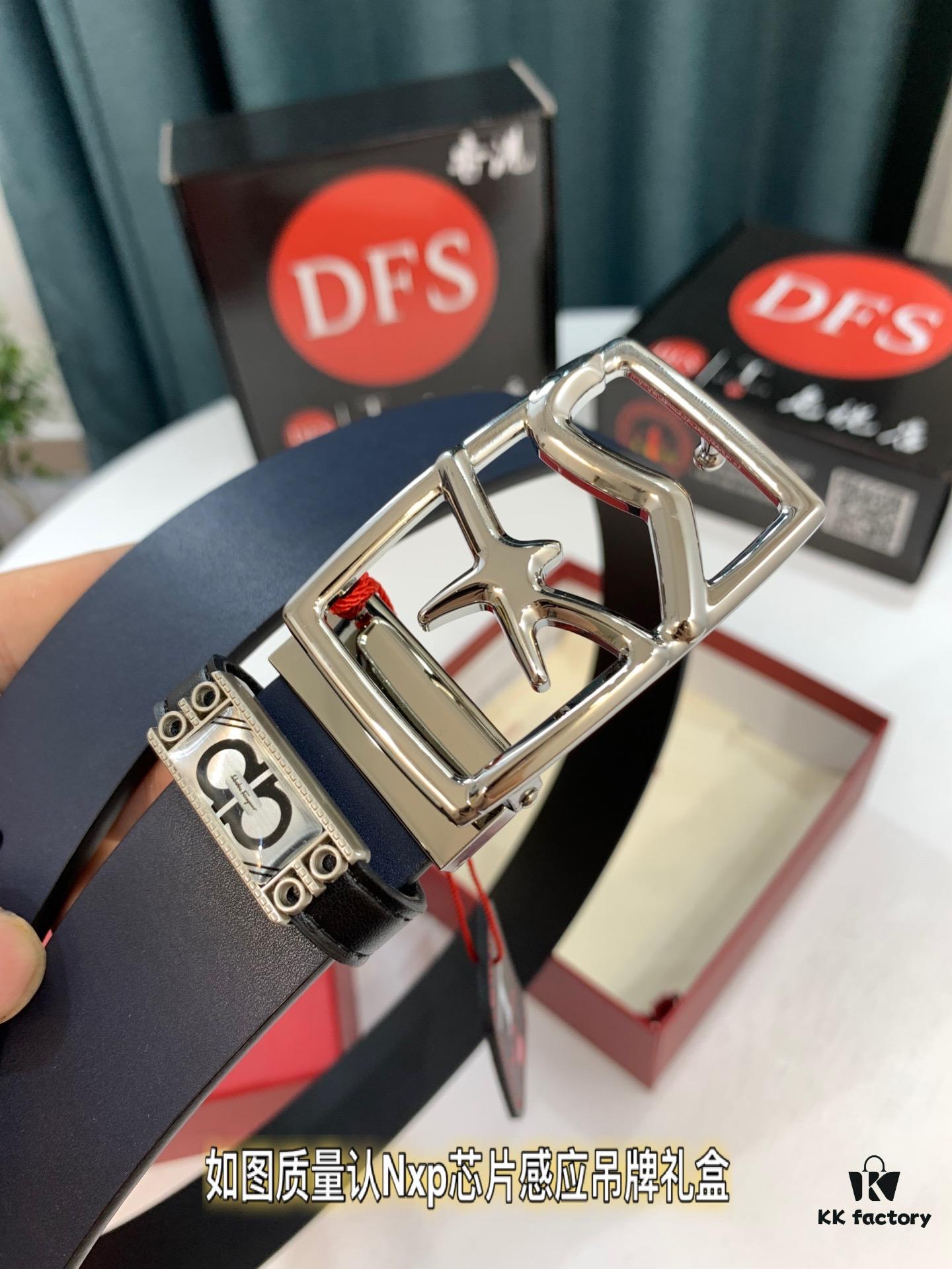 Shop Owner Recommended Trumpet Trumpet Salvatore Ferragamo Men's Belt, Genuine Leather Double-Sided Wear, 3.5cm Width, Precision Steel Hardware, Customizable Length