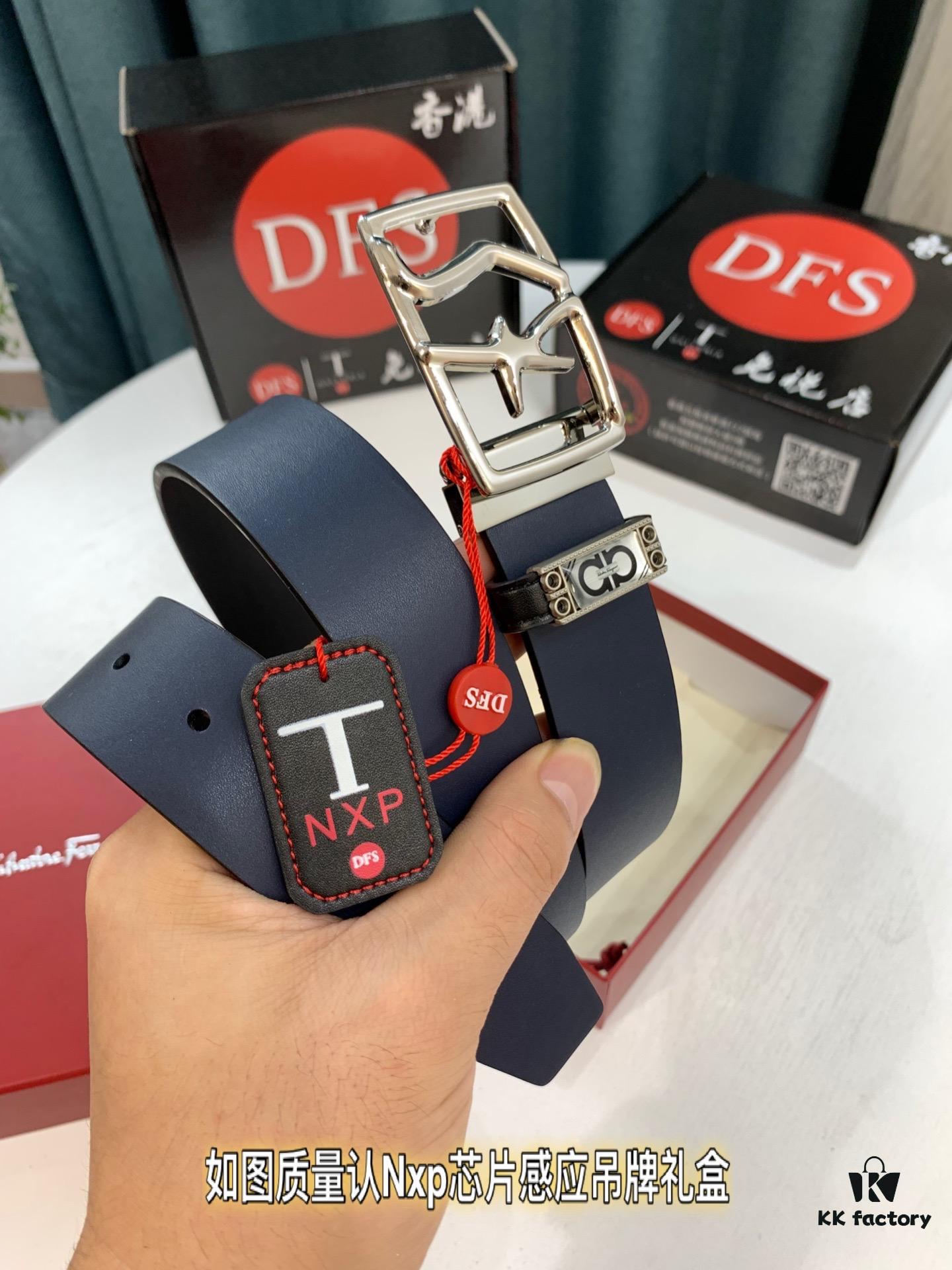 Shop Owner Recommended Trumpet Trumpet Salvatore Ferragamo Men's Belt, Genuine Leather Double-Sided Wear, 3.5cm Width, Precision Steel Hardware, Customizable Length