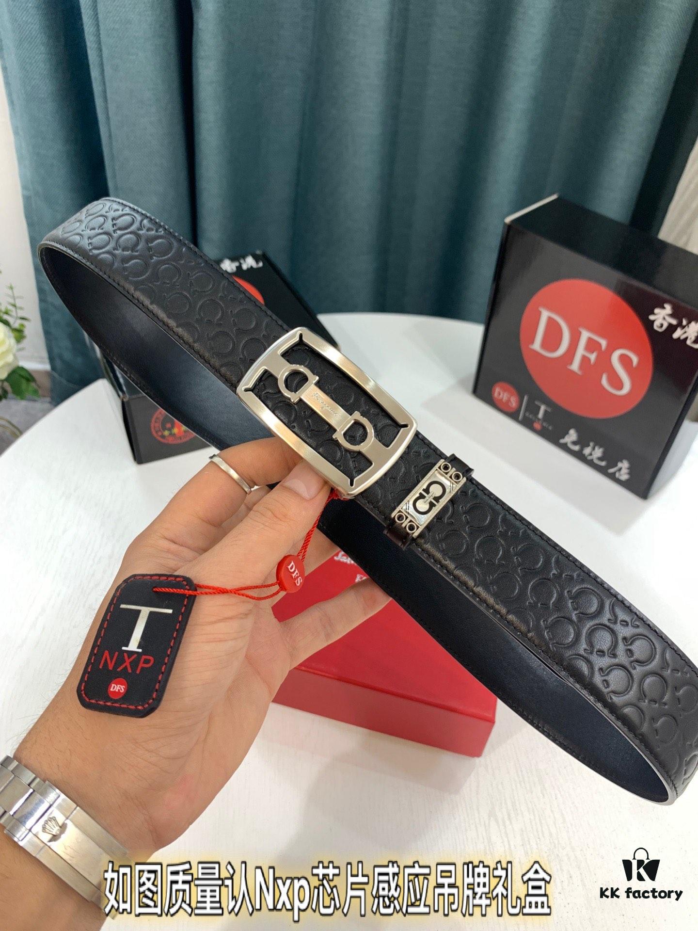 Top-Tier Salvatore Ferragamo 8-Shaped Belt, Hong Kong Duty-Free Gift Box, Authenticity Scan Certification, Genuine Logo and Steel Engraving, Imported Cowhide with Wax Thread Stitching, Adjustable Length, 3.8cm Width, NXP Chip