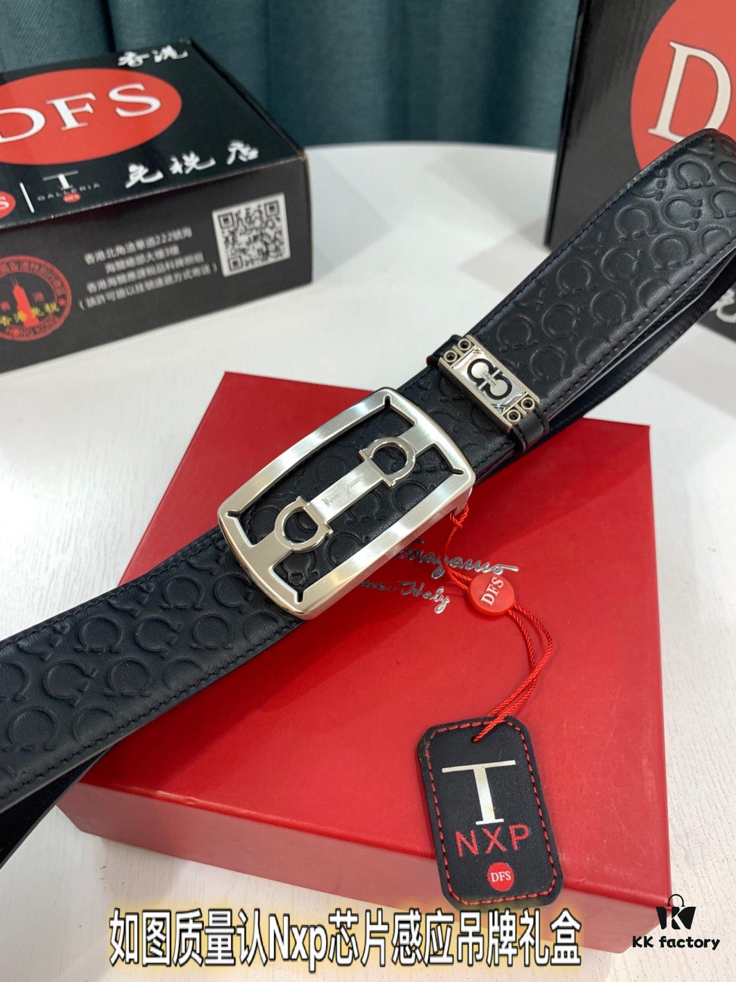 Top-Tier Salvatore Ferragamo 8-Shaped Belt, Hong Kong Duty-Free Gift Box, Authenticity Scan Certification, Genuine Logo and Steel Engraving, Imported Cowhide with Wax Thread Stitching, Adjustable Length, 3.8cm Width, NXP Chip
