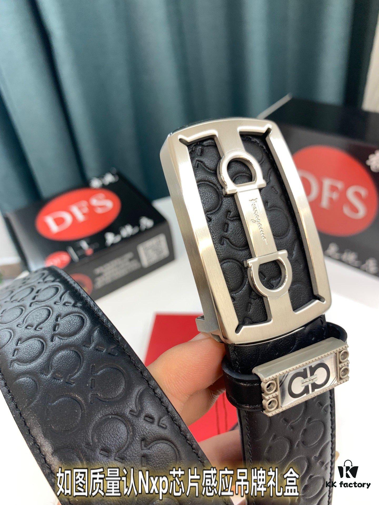 Top-Tier Salvatore Ferragamo 8-Shaped Belt, Hong Kong Duty-Free Gift Box, Authenticity Scan Certification, Genuine Logo and Steel Engraving, Imported Cowhide with Wax Thread Stitching, Adjustable Length, 3.8cm Width, NXP Chip