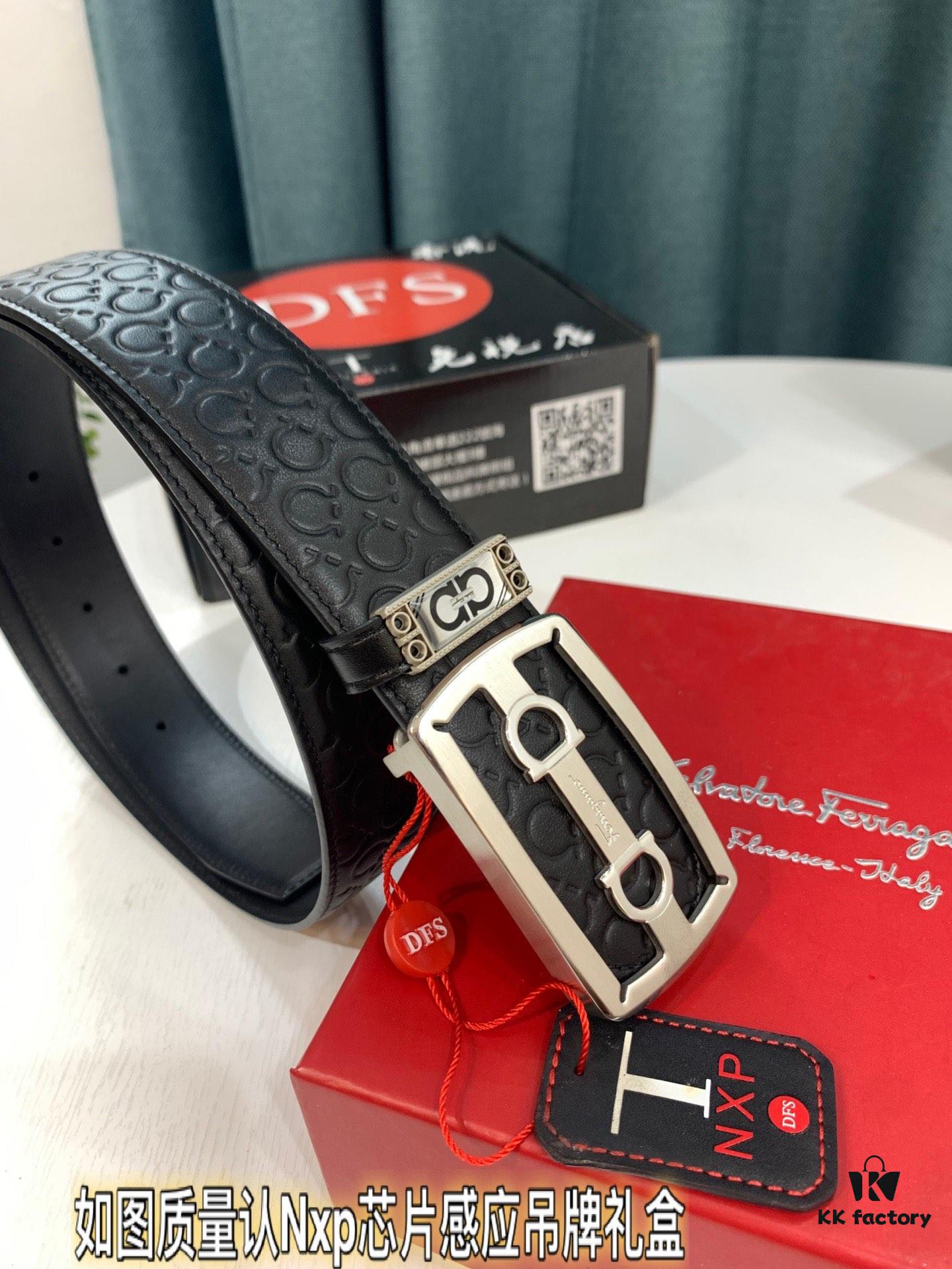 Top-Tier Salvatore Ferragamo 8-Shaped Belt, Hong Kong Duty-Free Gift Box, Authenticity Scan Certification, Genuine Logo and Steel Engraving, Imported Cowhide with Wax Thread Stitching, Adjustable Length, 3.8cm Width, NXP Chip