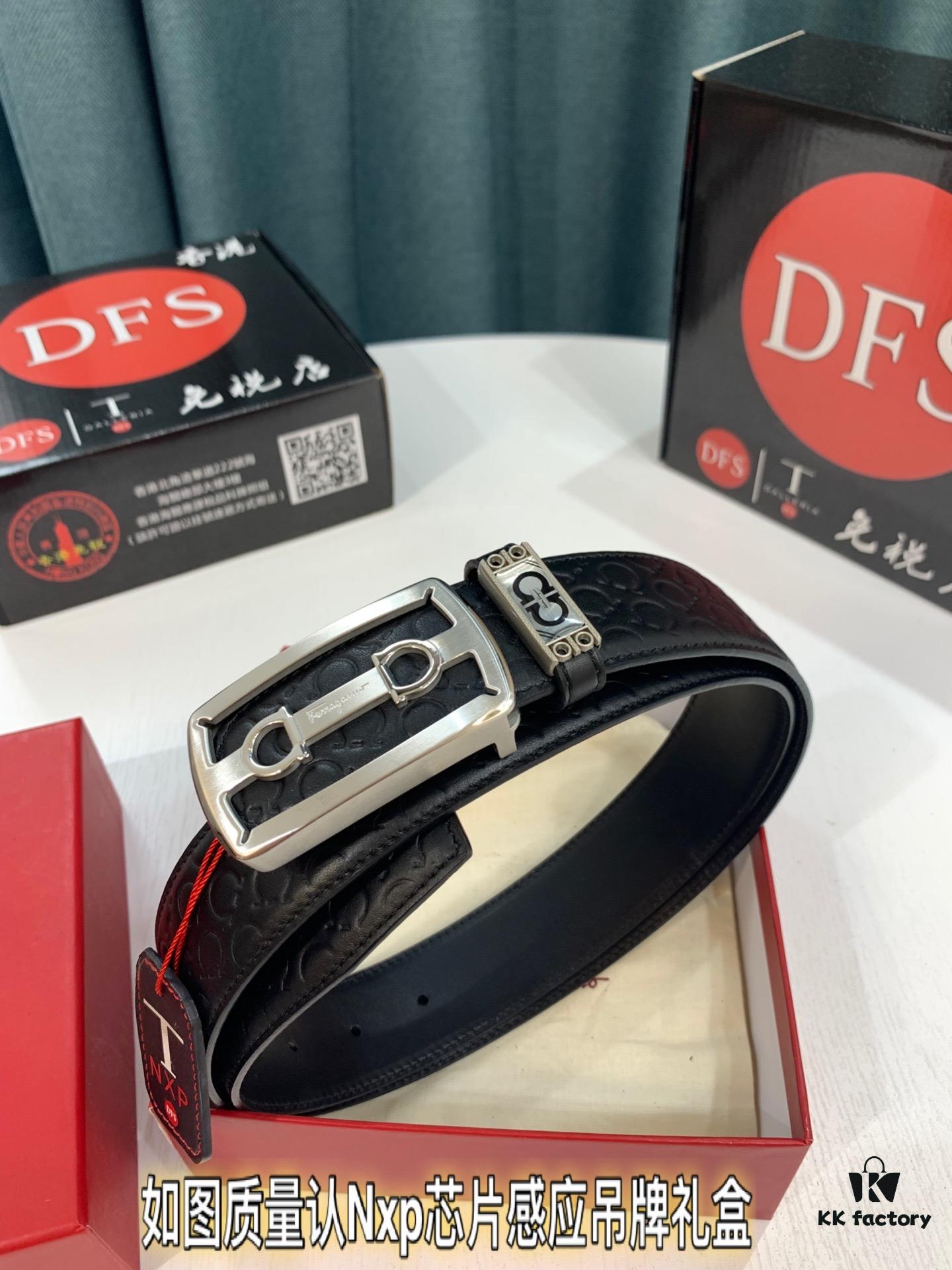 Top-Tier Salvatore Ferragamo 8-Shaped Belt, Hong Kong Duty-Free Gift Box, Authenticity Scan Certification, Genuine Logo and Steel Engraving, Imported Cowhide with Wax Thread Stitching, Adjustable Length, 3.8cm Width, NXP Chip