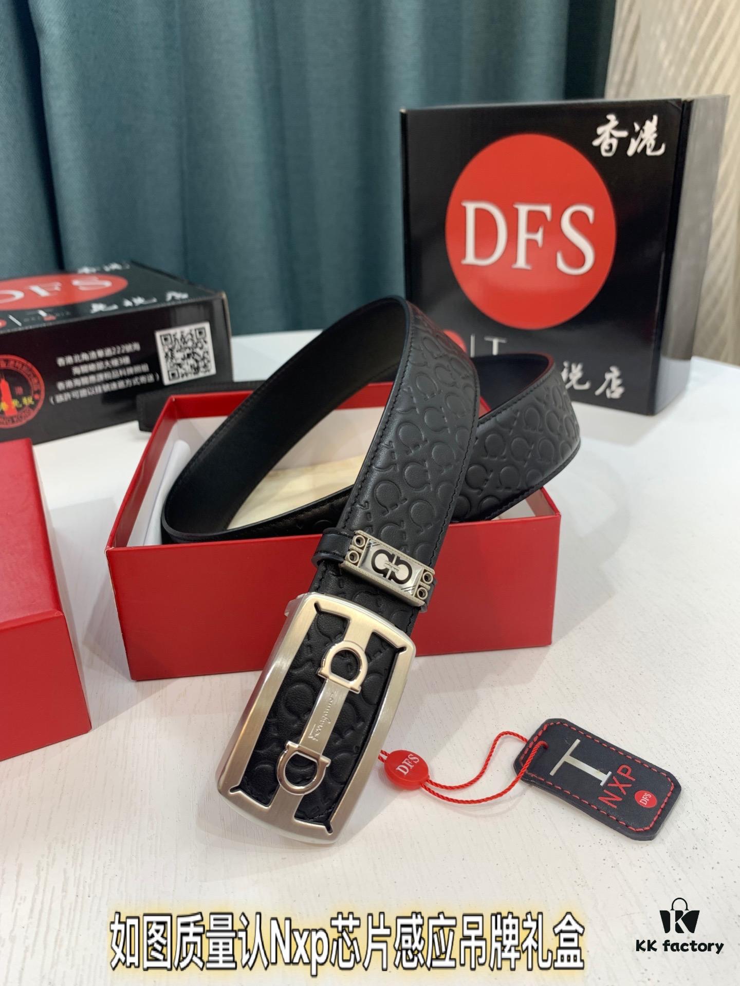 Top-Tier Salvatore Ferragamo 8-Shaped Belt, Hong Kong Duty-Free Gift Box, Authenticity Scan Certification, Genuine Logo and Steel Engraving, Imported Cowhide with Wax Thread Stitching, Adjustable Length, 3.8cm Width, NXP Chip