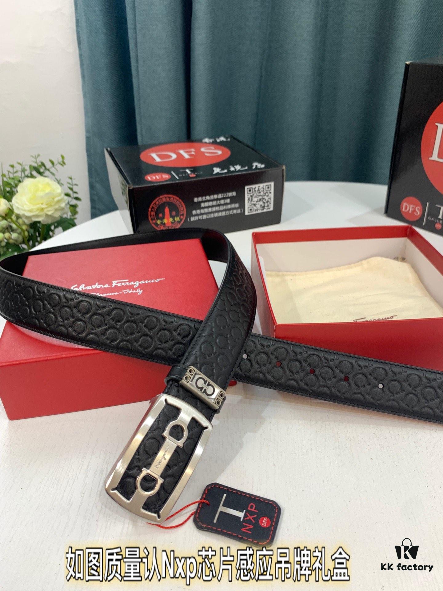 Top-Tier Salvatore Ferragamo 8-Shaped Belt, Hong Kong Duty-Free Gift Box, Authenticity Scan Certification, Genuine Logo and Steel Engraving, Imported Cowhide with Wax Thread Stitching, Adjustable Length, 3.8cm Width, NXP Chip