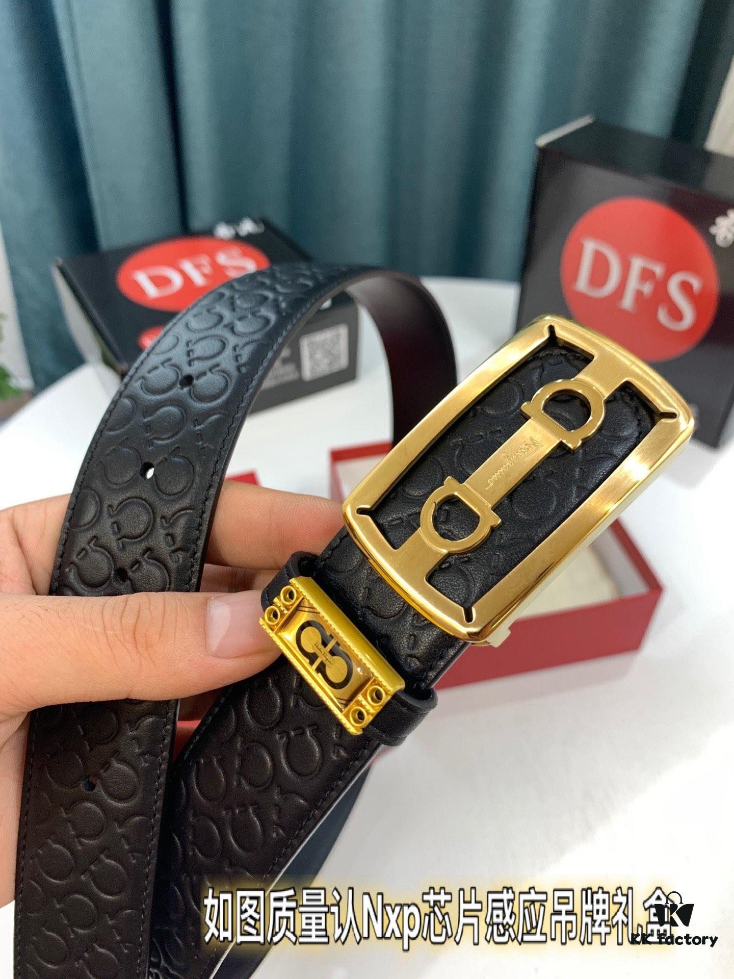 Top-Tier Salvatore Ferragamo 8-Shape Belt, Hong Kong Duty-Free Gift Box, Authenticity QR Code Verified, Genuine Leather, German-Manufactured, Adjustable Length