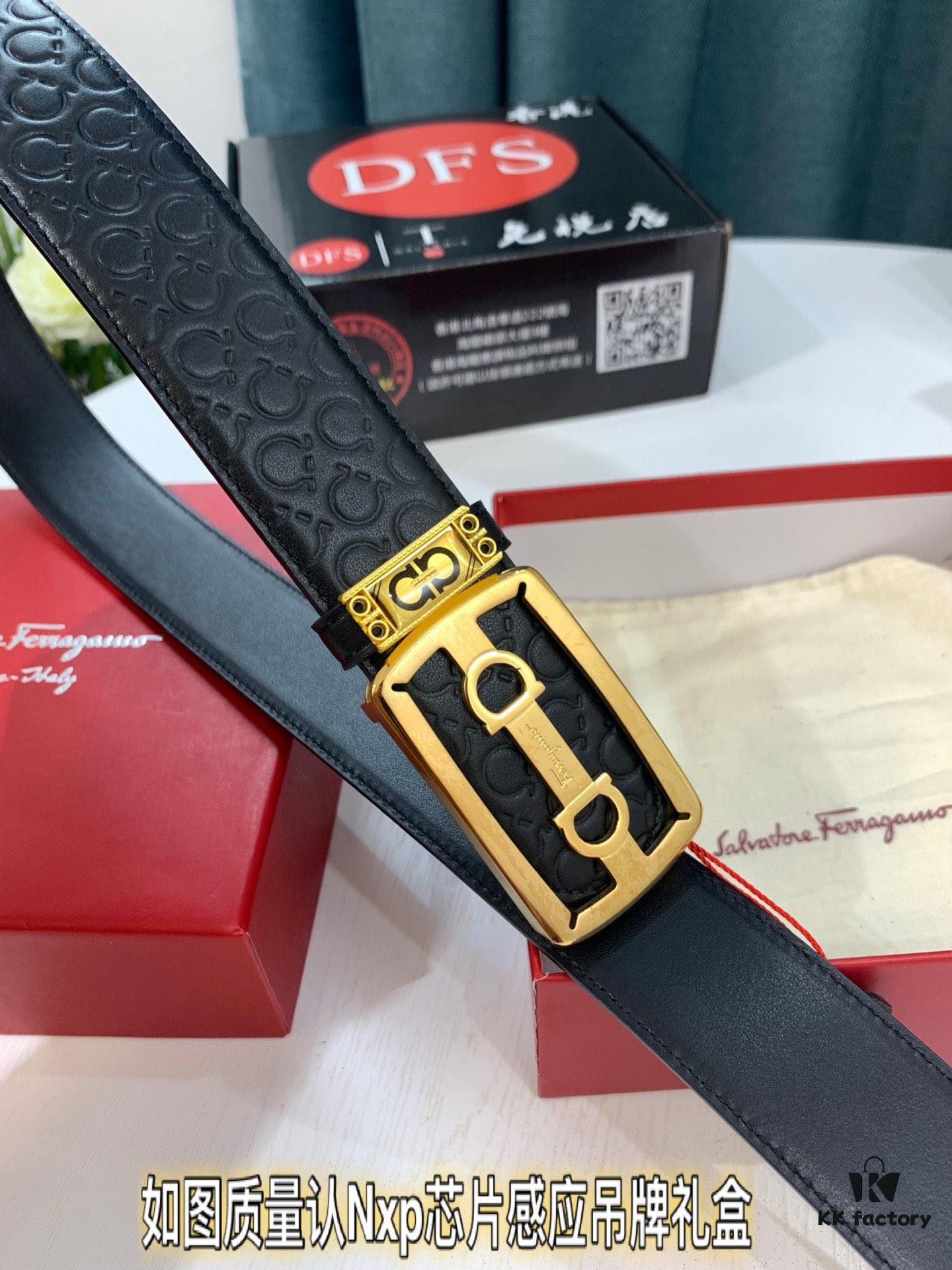 Top-Tier Salvatore Ferragamo 8-Shape Belt, Hong Kong Duty-Free Gift Box, Authenticity QR Code Verified, Genuine Leather, German-Manufactured, Adjustable Length