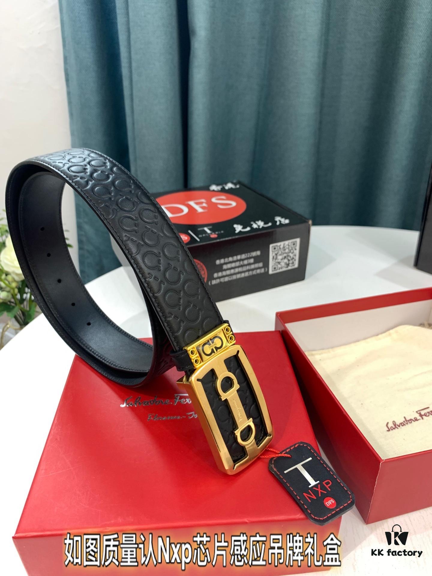 Top-Tier Salvatore Ferragamo 8-Shape Belt, Hong Kong Duty-Free Gift Box, Authenticity QR Code Verified, Genuine Leather, German-Manufactured, Adjustable Length