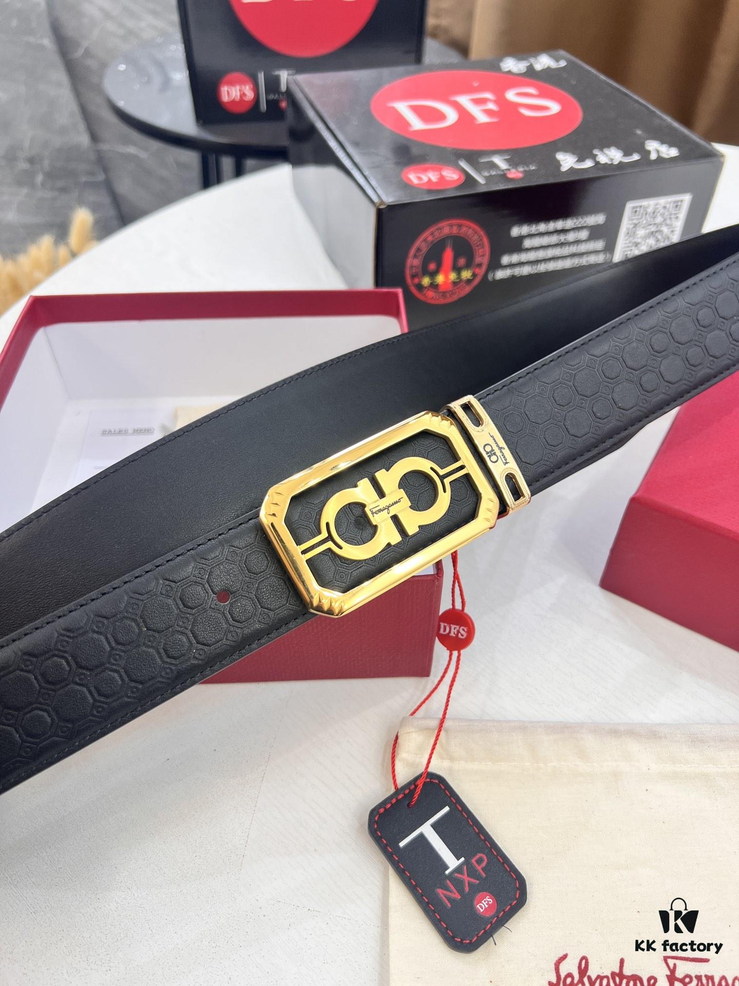 New Arrival Authentic Salvatore Ferragamo Belt, 8-Shaped Genuine Hardware, Imported Embossed Cowhide, German Manufactured, Width 3.8cm, NFC Chip NXP, Adjustable Length