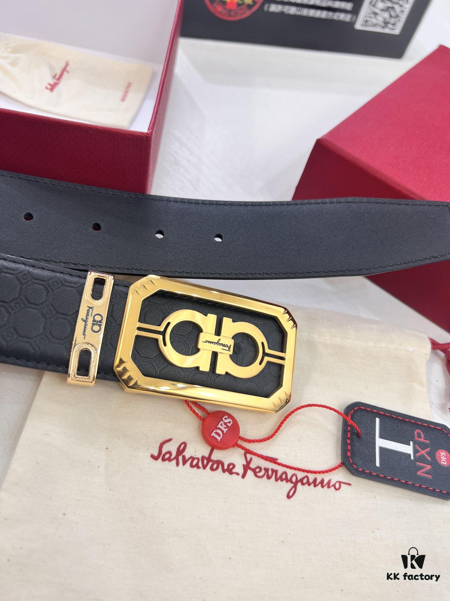 New Arrival Authentic Salvatore Ferragamo Belt, 8-Shaped Genuine Hardware, Imported Embossed Cowhide, German Manufactured, Width 3.8cm, NFC Chip NXP, Adjustable Length