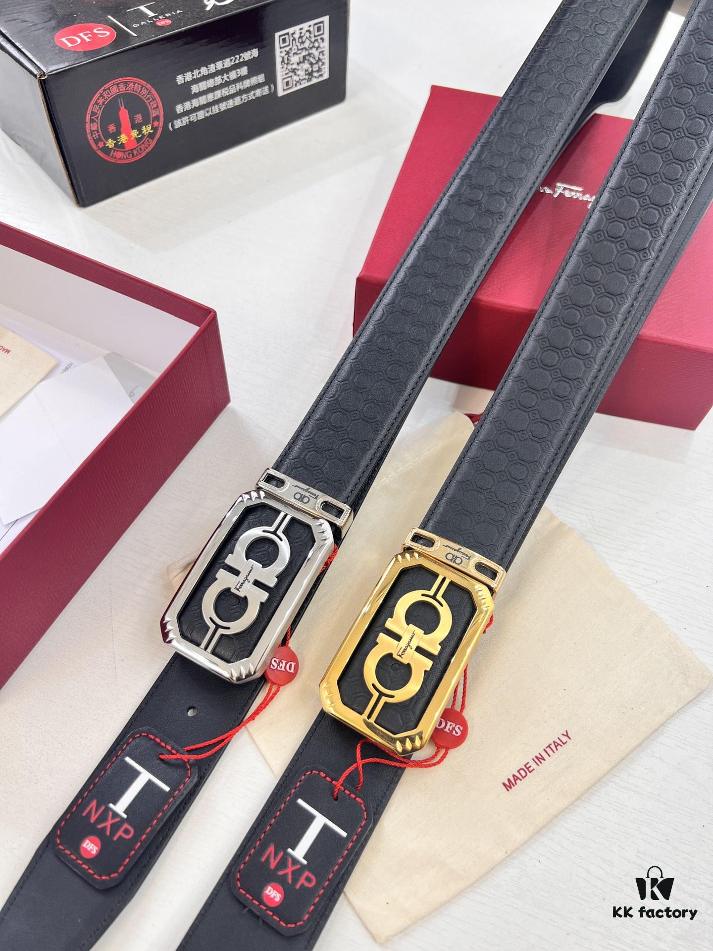 New Arrival Authentic Salvatore Ferragamo Belt, 8-Shaped Genuine Hardware, Imported Embossed Cowhide, German Manufactured, Width 3.8cm, NFC Chip NXP, Adjustable Length