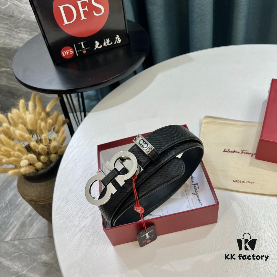 Hong Kong Tax-Free T Gift Box 🎁 (NXP RFID Tag Verifiable on Official Website, Authentic Anti-Counterfeit Chip) | Salvatore Ferragamo Style | New 8-Shaped Buckle Stainless Steel Hardware | Double-Sided Wear | French Imported Embossed Calfskin Leather | Fashion Runway Design | Duty-Free Top-Tier Replica | Latest NXP RFID Chip Support Online Verification | 3.5cm Width