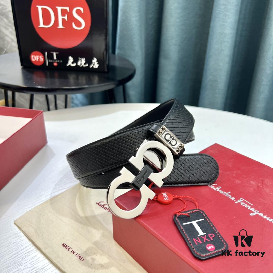 Hong Kong Tax-Free T Gift Box 🎁 (NXP RFID Tag Verifiable on Official Website, Authentic Anti-Counterfeit Chip) | Salvatore Ferragamo Style | New 8-Shaped Buckle Stainless Steel Hardware | Double-Sided Wear | French Imported Embossed Calfskin Leather | Fashion Runway Design | Duty-Free Top-Tier Replica | Latest NXP RFID Chip Support Online Verification | 3.5cm Width