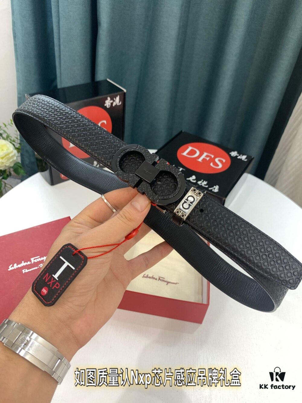 Salvatore Ferragamo Men's Belt, Genuine First-Layer Calfskin with Logo-Embossed Buckle, Reversible Design, 3.5cm Width, New '8' Shape Stainless Steel Hardware