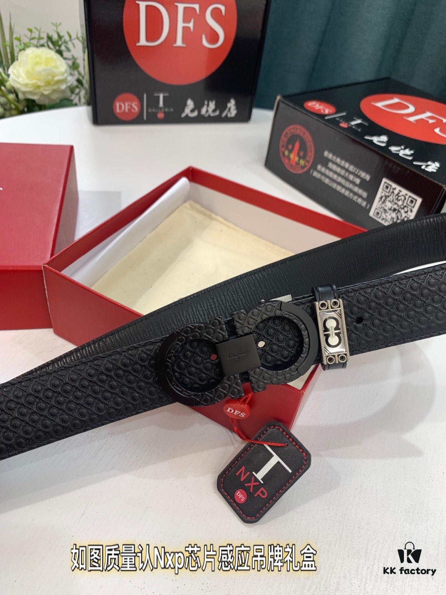 Salvatore Ferragamo Men's Belt, Genuine First-Layer Calfskin with Logo-Embossed Buckle, Reversible Design, 3.5cm Width, New '8' Shape Stainless Steel Hardware