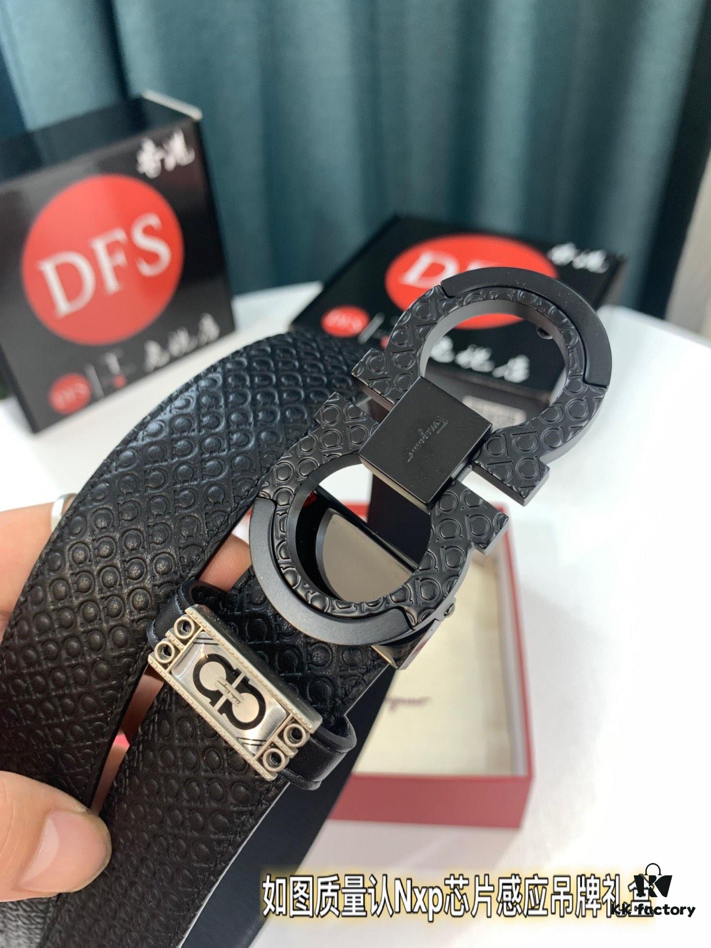 Salvatore Ferragamo Men's Belt, Genuine First-Layer Calfskin with Logo-Embossed Buckle, Reversible Design, 3.5cm Width, New '8' Shape Stainless Steel Hardware