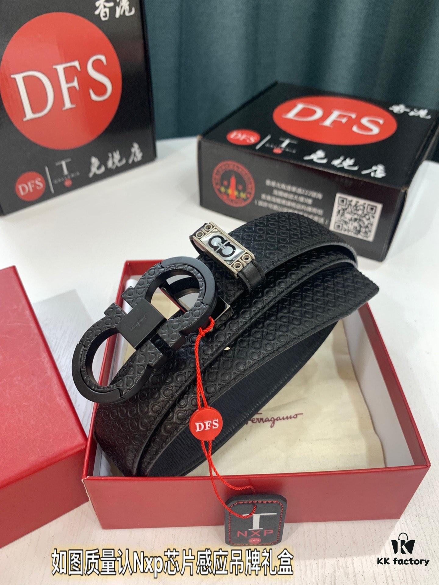 Salvatore Ferragamo Men's Belt, Genuine First-Layer Calfskin with Logo-Embossed Buckle, Reversible Design, 3.5cm Width, New '8' Shape Stainless Steel Hardware