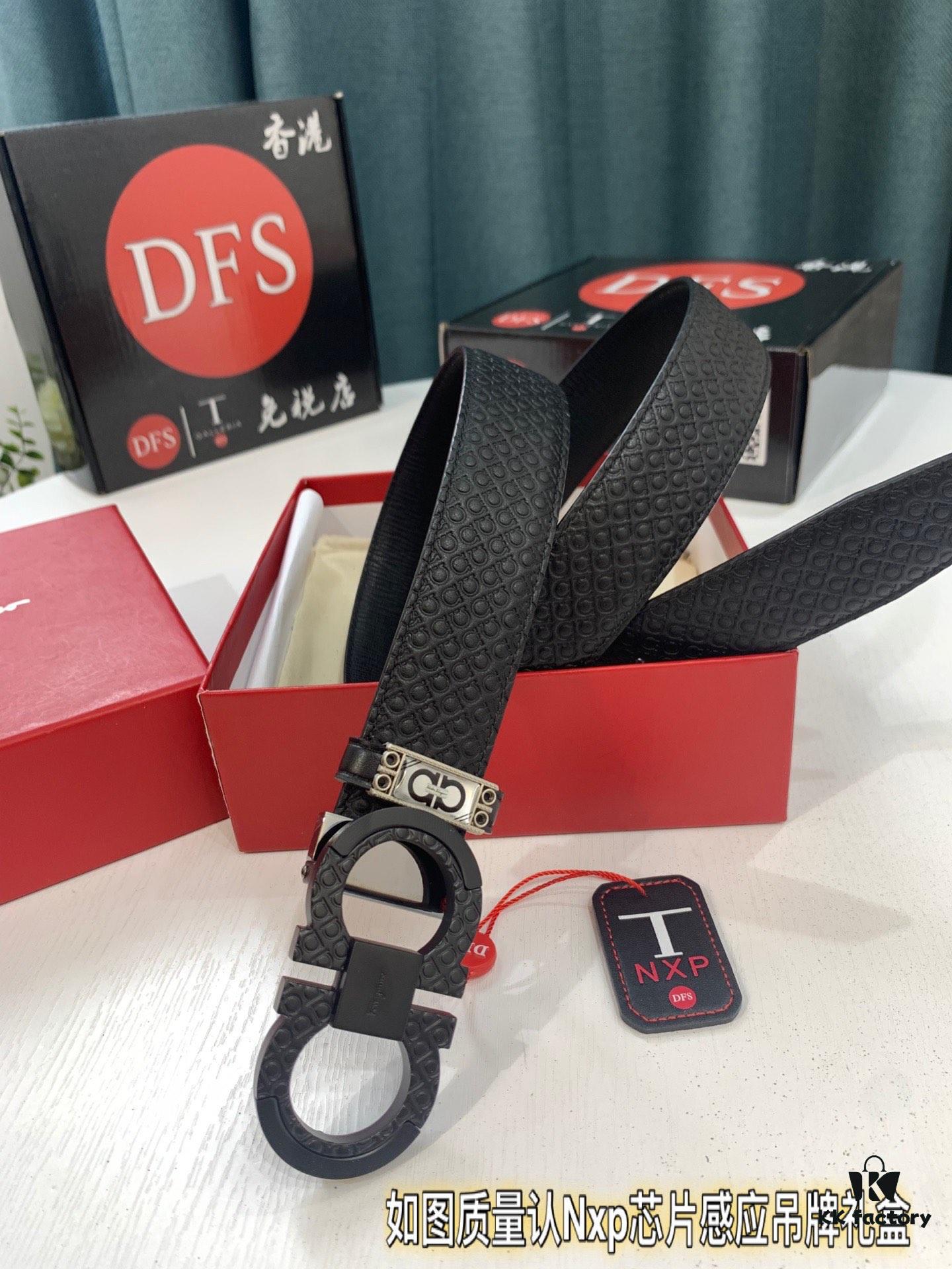 Salvatore Ferragamo Men's Belt, Genuine First-Layer Calfskin with Logo-Embossed Buckle, Reversible Design, 3.5cm Width, New '8' Shape Stainless Steel Hardware