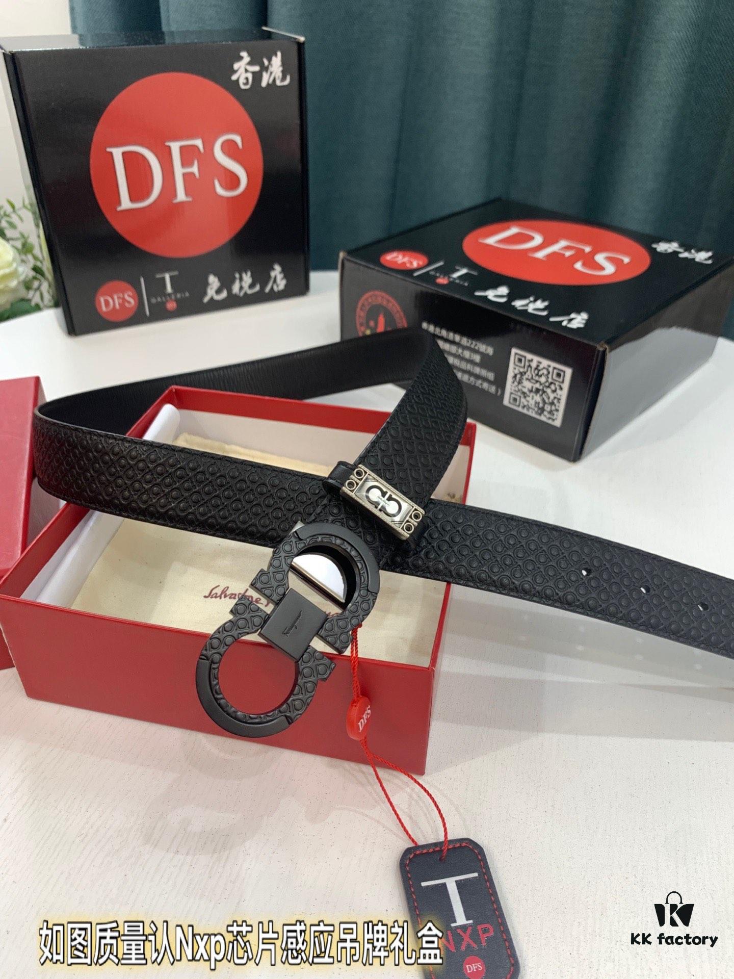 Salvatore Ferragamo Men's Belt, Genuine First-Layer Calfskin with Logo-Embossed Buckle, Reversible Design, 3.5cm Width, New '8' Shape Stainless Steel Hardware