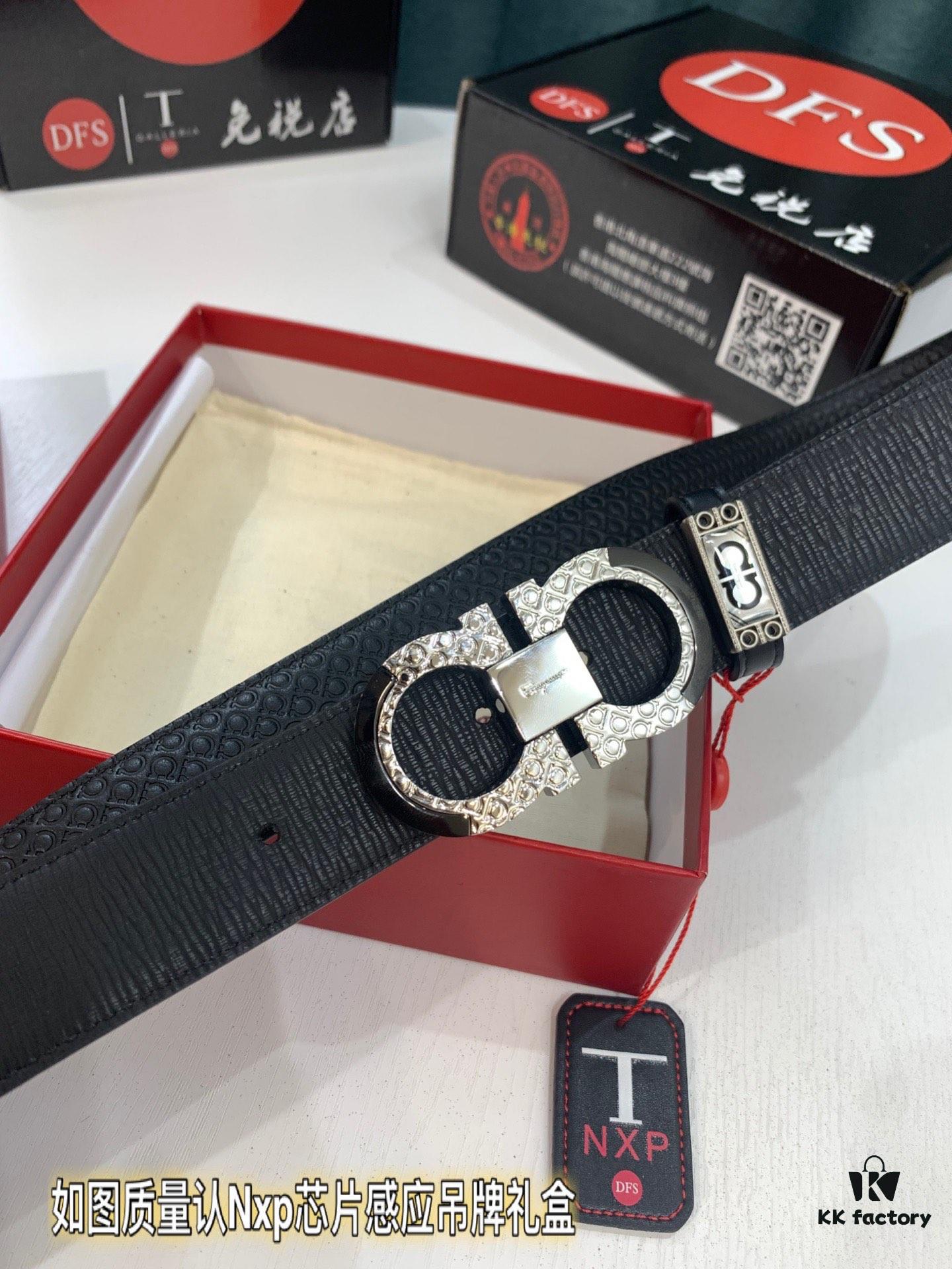 Salvatore Ferragamo Men's Belt, Genuine Top Grain Calfskin, Double-Sided Use, Rustic Bark Texture, 3.5cm Width, New '8' Shaped Stainless Steel Hardware, Perfect Gift