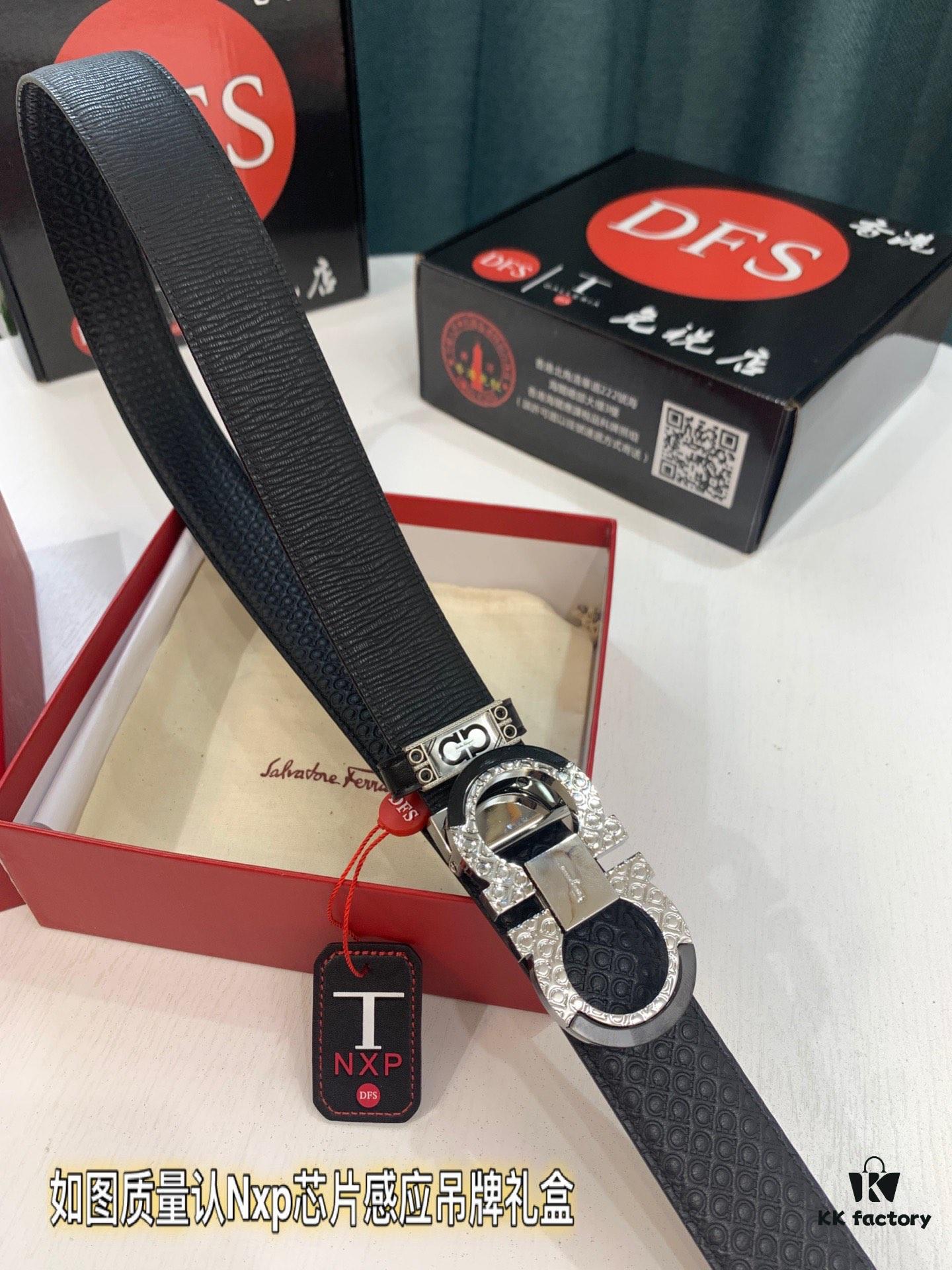 Salvatore Ferragamo Men's Belt, Genuine Top Grain Calfskin, Double-Sided Use, Rustic Bark Texture, 3.5cm Width, New '8' Shaped Stainless Steel Hardware, Perfect Gift