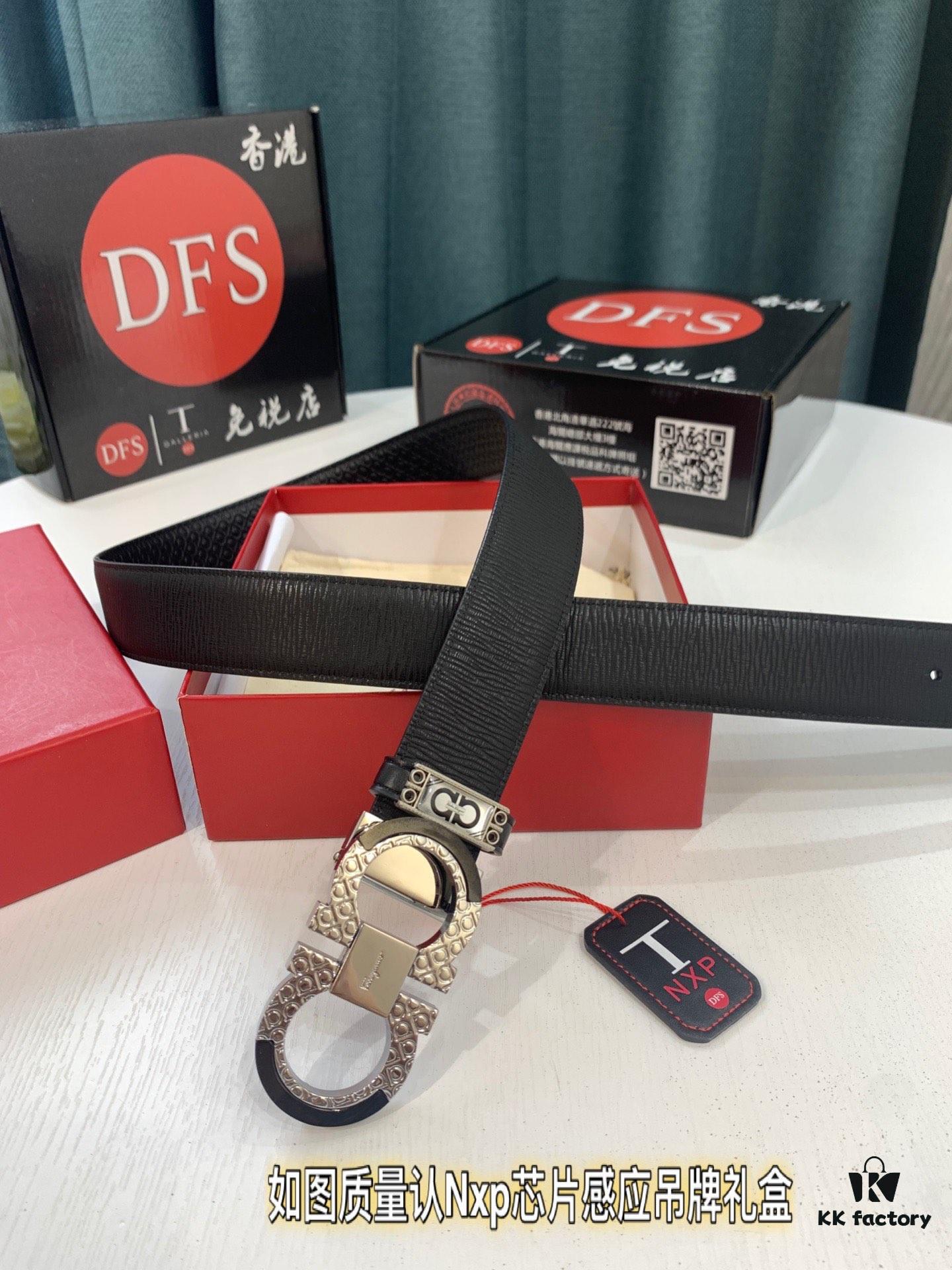 Salvatore Ferragamo Men's Belt, Genuine Top Grain Calfskin, Double-Sided Use, Rustic Bark Texture, 3.5cm Width, New '8' Shaped Stainless Steel Hardware, Perfect Gift