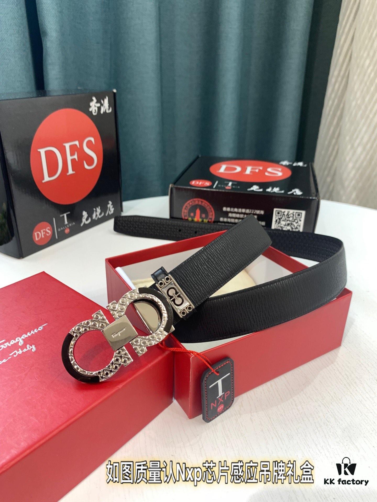 Salvatore Ferragamo Men's Belt, Genuine Top Grain Calfskin, Double-Sided Use, Rustic Bark Texture, 3.5cm Width, New '8' Shaped Stainless Steel Hardware, Perfect Gift