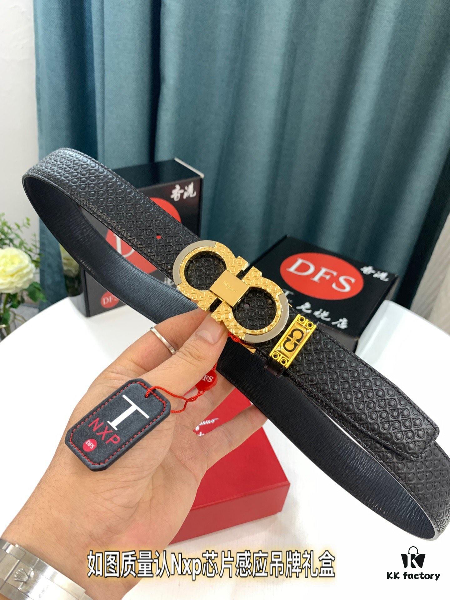 Ferragamo Men's Belt, Genuine First-Layer Calfskin, Double-Sided Wear, Rustic Bark Texture, 3.5cm Width, New '8' Shaped Stainless Steel Buckle, Real Item Photography