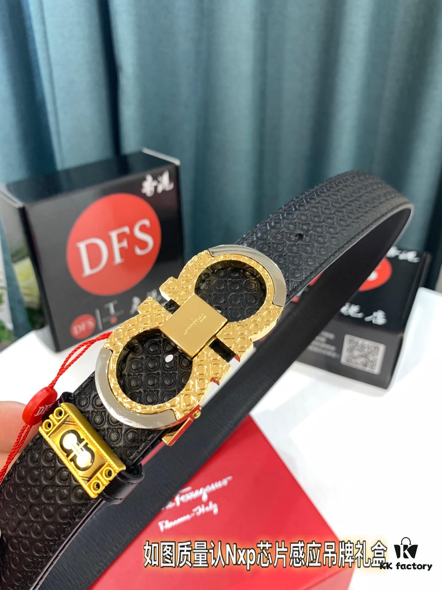 Ferragamo Men's Belt, Genuine First-Layer Calfskin, Double-Sided Wear, Rustic Bark Texture, 3.5cm Width, New '8' Shaped Stainless Steel Buckle, Real Item Photography