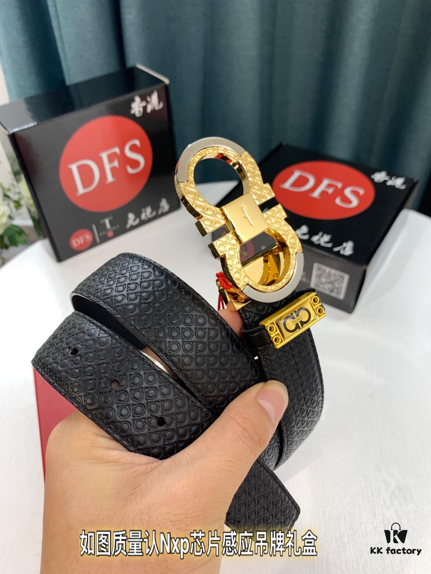 Ferragamo Men's Belt, Genuine First-Layer Calfskin, Double-Sided Wear, Rustic Bark Texture, 3.5cm Width, New '8' Shaped Stainless Steel Buckle, Real Item Photography