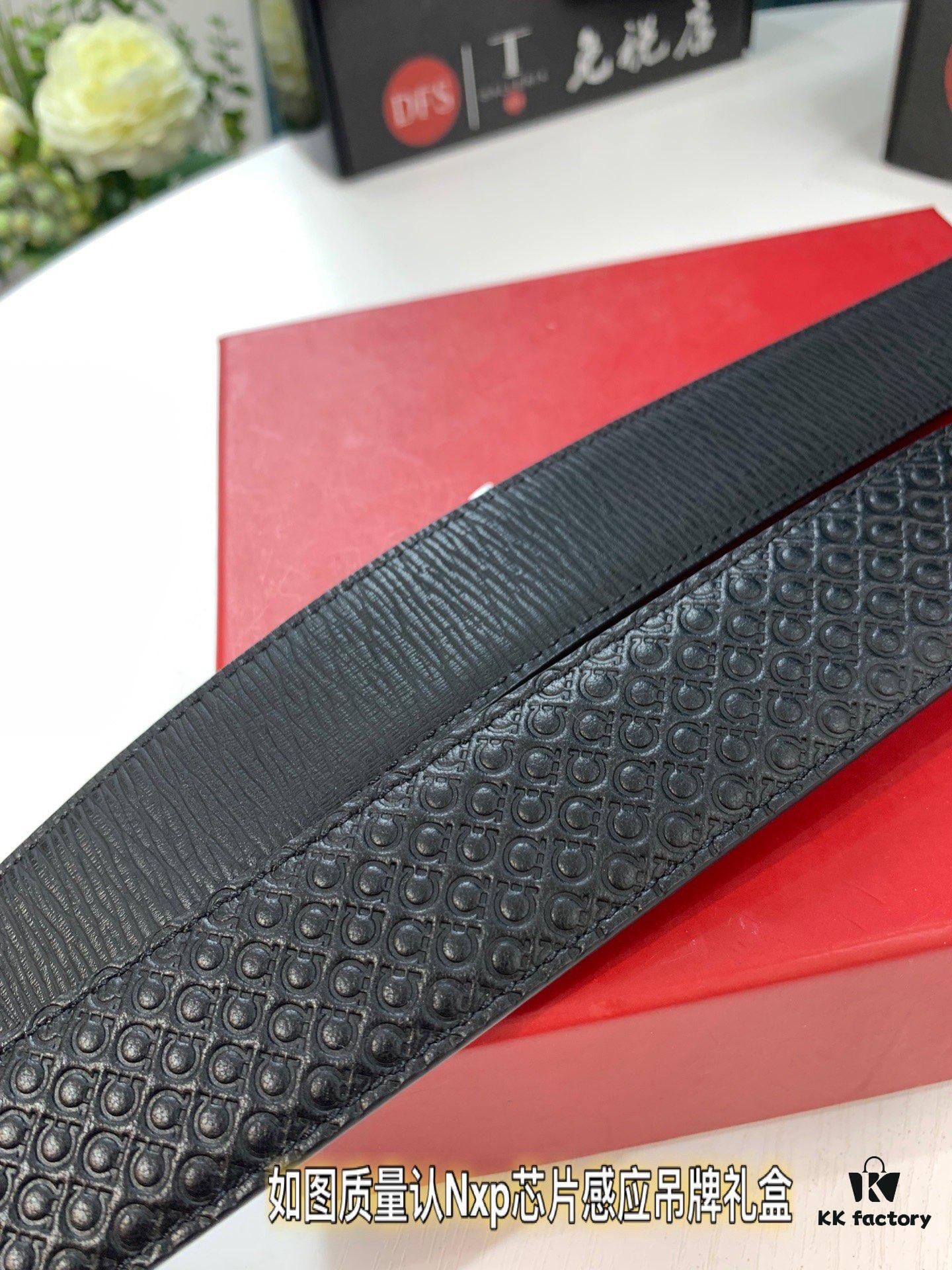 Ferragamo Men's Belt, Genuine First-Layer Calfskin, Double-Sided Wear, Rustic Bark Texture, 3.5cm Width, New '8' Shaped Stainless Steel Buckle, Real Item Photography