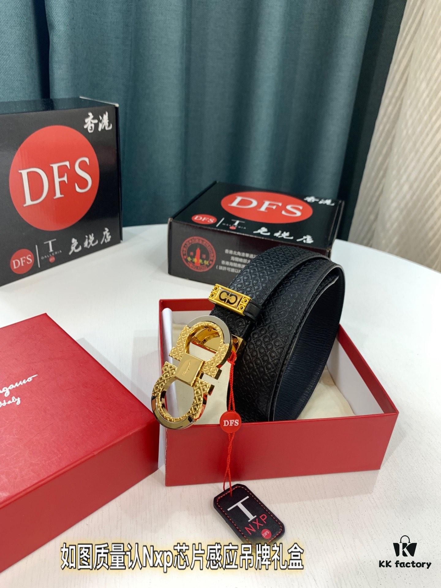 Ferragamo Men's Belt, Genuine First-Layer Calfskin, Double-Sided Wear, Rustic Bark Texture, 3.5cm Width, New '8' Shaped Stainless Steel Buckle, Real Item Photography