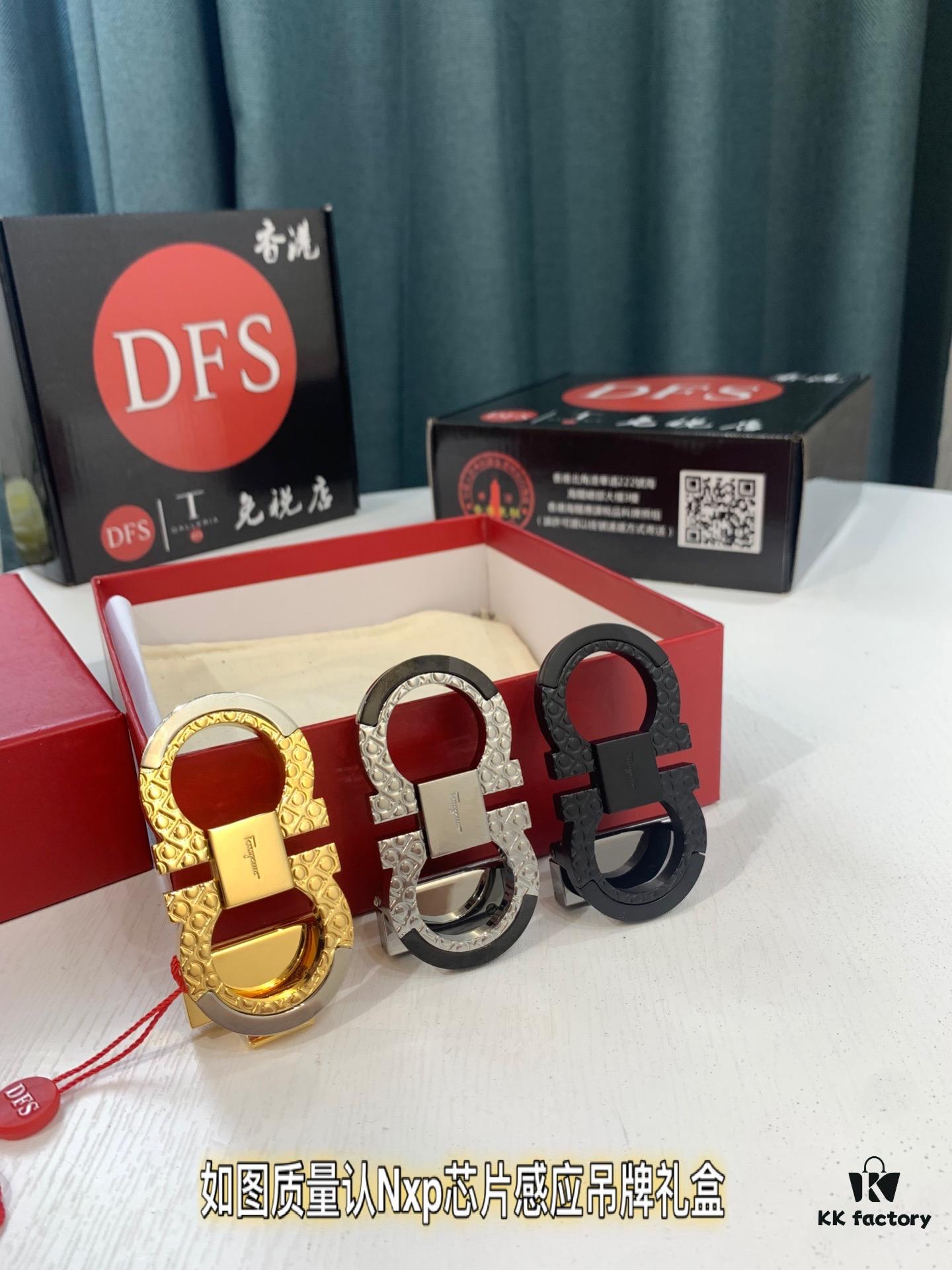 Ferragamo Men's Belt, Genuine First-Layer Calfskin, Double-Sided Wear, Rustic Bark Texture, 3.5cm Width, New '8' Shaped Stainless Steel Buckle, Real Item Photography