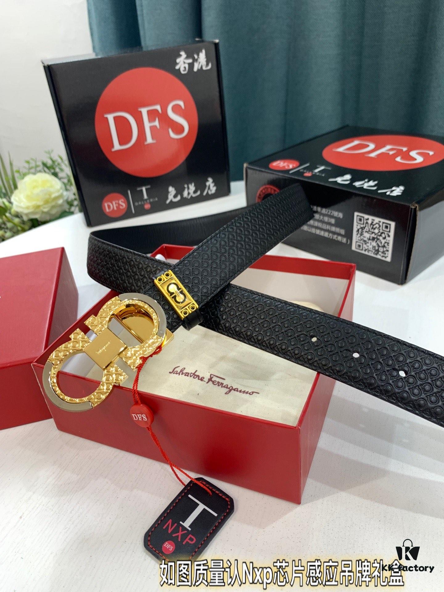 Ferragamo Men's Belt, Genuine First-Layer Calfskin, Double-Sided Wear, Rustic Bark Texture, 3.5cm Width, New '8' Shaped Stainless Steel Buckle, Real Item Photography