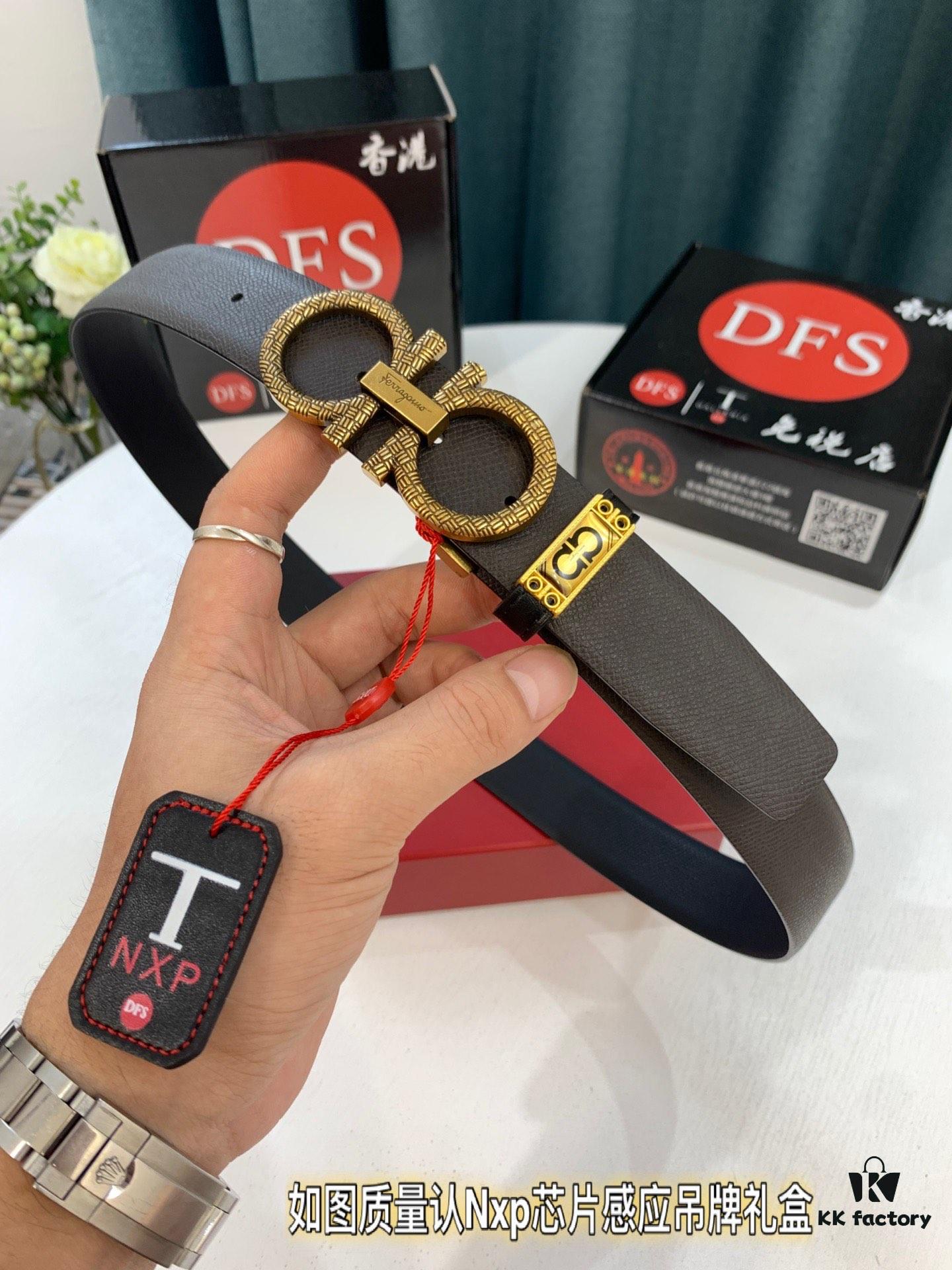 Salvatore Ferragamo Men's Belt, Genuine First-Layer Calfskin, Dual-Sided Use, 3.5cm Width, Aged '8' Steel Hardware, Authentic Duty-Free Packaged with NXP Chip Verification