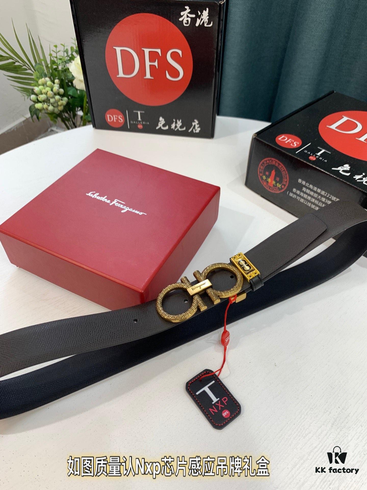 Salvatore Ferragamo Men's Belt, Genuine First-Layer Calfskin, Dual-Sided Use, 3.5cm Width, Aged '8' Steel Hardware, Authentic Duty-Free Packaged with NXP Chip Verification