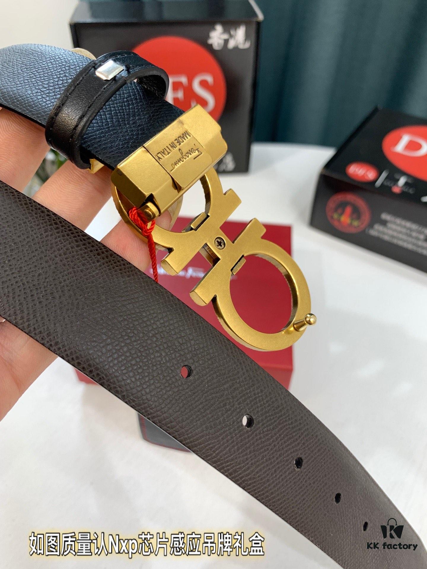 Salvatore Ferragamo Men's Belt, Genuine First-Layer Calfskin, Dual-Sided Use, 3.5cm Width, Aged '8' Steel Hardware, Authentic Duty-Free Packaged with NXP Chip Verification